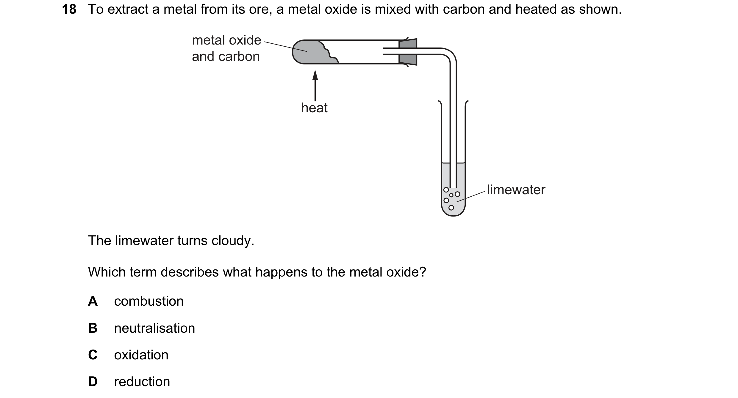 Question 42: To extract a metal from its ore, a metal oxide is mixed with carbon and heated as shown. metal oxide and carbon heat limewater The limewate…
