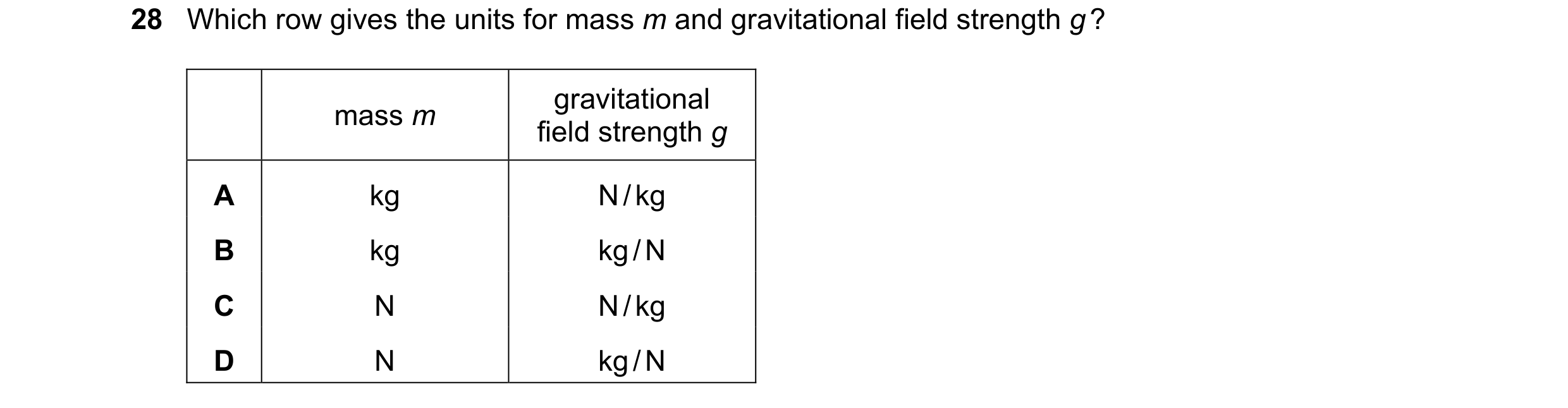 Question 20: Which row gives the units for mass m and gravitational field strength g ? gravitational mass m field strength g A kg N / kg B kg kg / N C N…