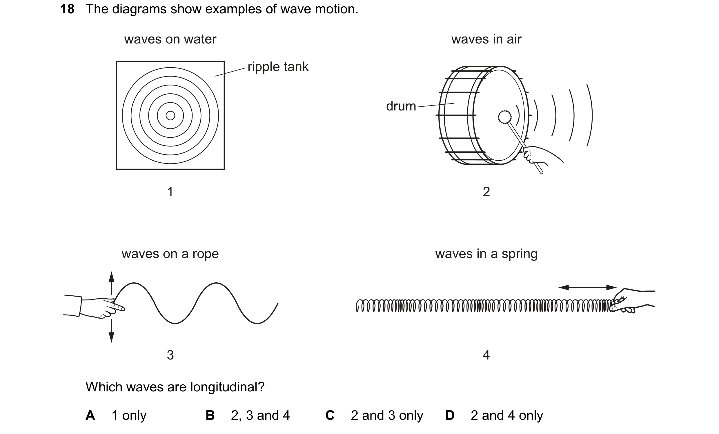 Question 258: The diagrams show examples of wave motion. waves on water waves in air ripple tank drum 1 2 waves on a rope waves in a spring 3 4 Which wav…