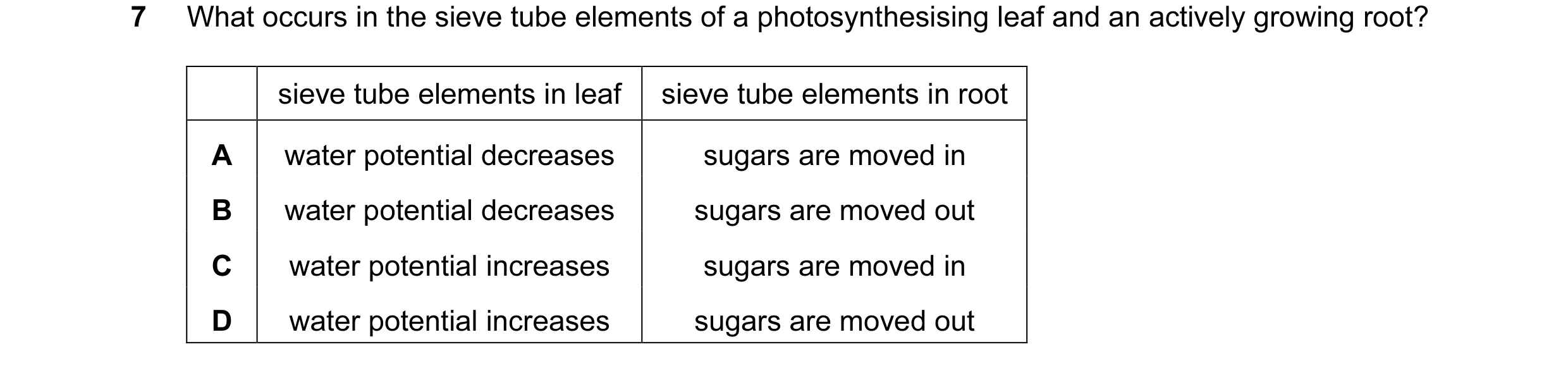 Question 20: What occurs in the sieve tube elements of a photosynthesising leaf and an actively growing root? sieve tube elements in leaf sieve tube ele…