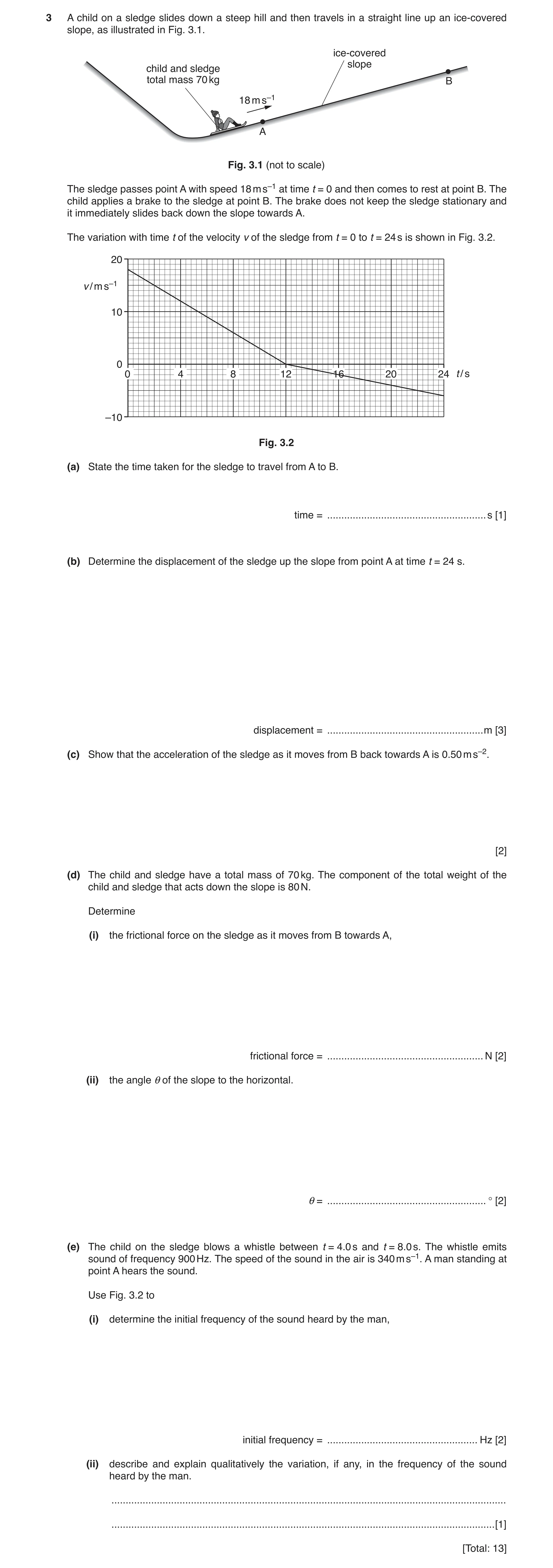 Question 11: A child on a sledge slides down a steep hill and then travels in a straight line up an ice-covered slope, as illustrated in Fig. 3.1. ice-c…