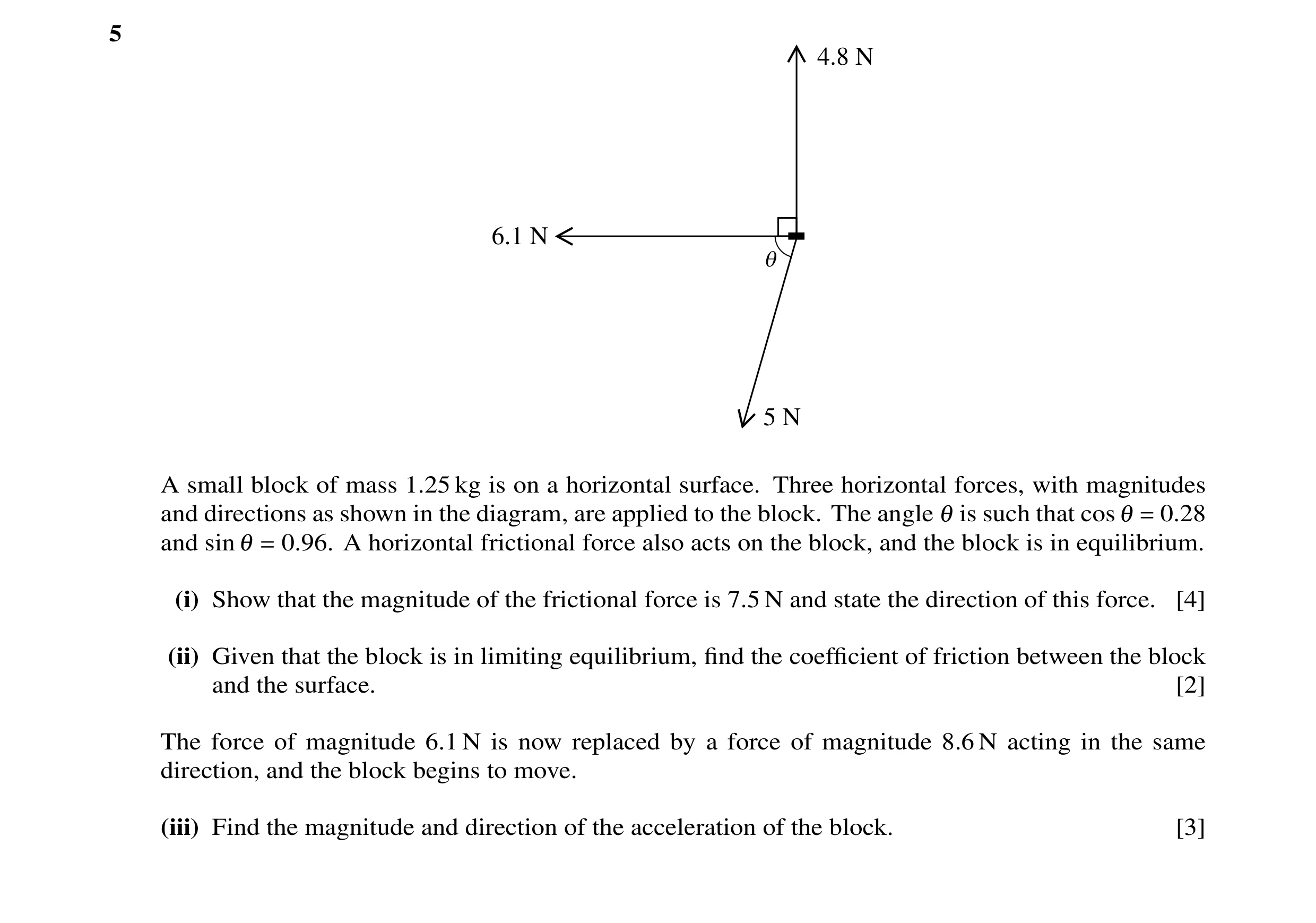 Question 37: 4.8 N 6.1 N q 5 N A small block of mass 1.25 kg is on a horizontal surface. Three horizontal forces, with magnitudes and directions as show…