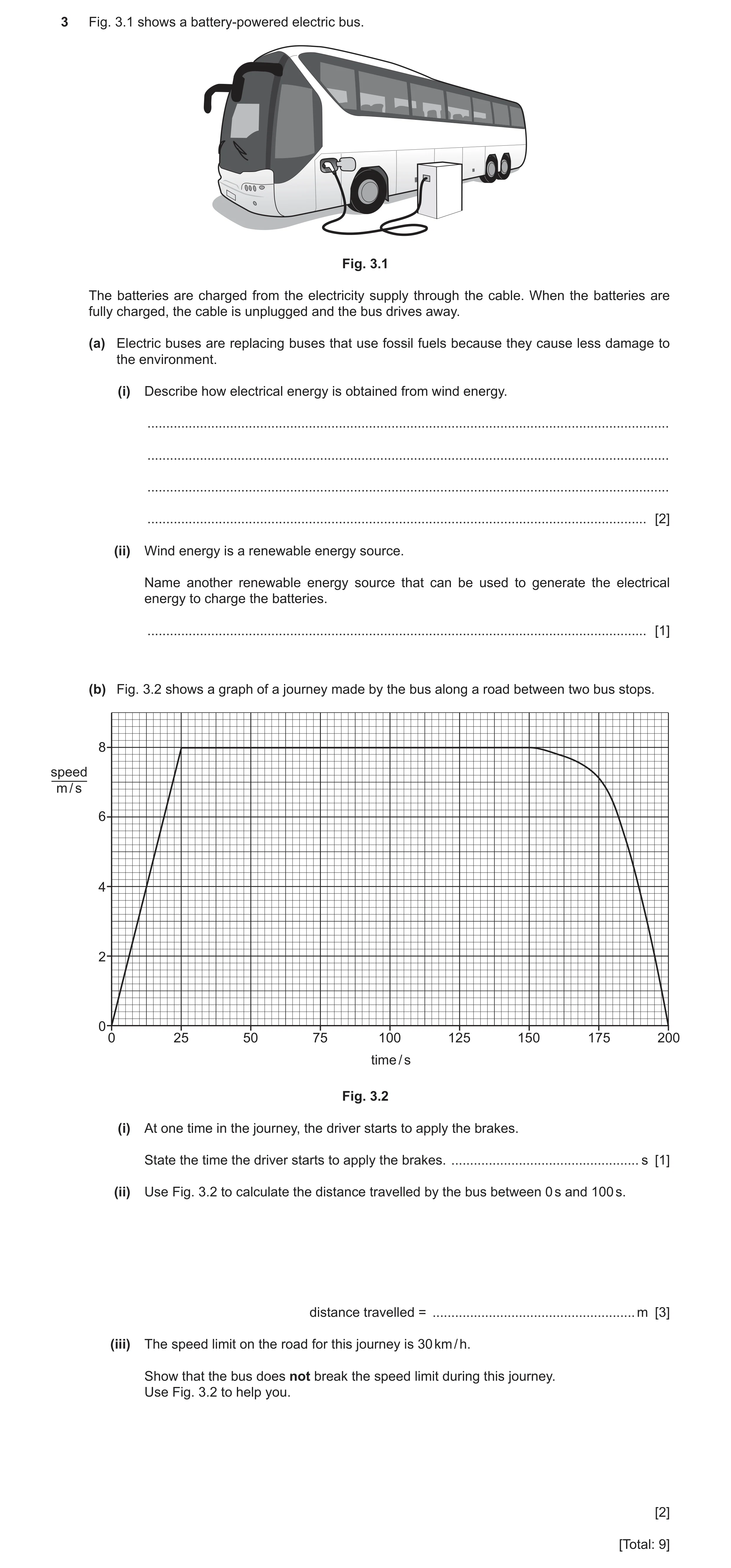 Question 23: Fig. 3.1 shows a battery-powered electric bus. Fig. 3.1 The batteries are charged from the electricity supply through the cable. When the b…