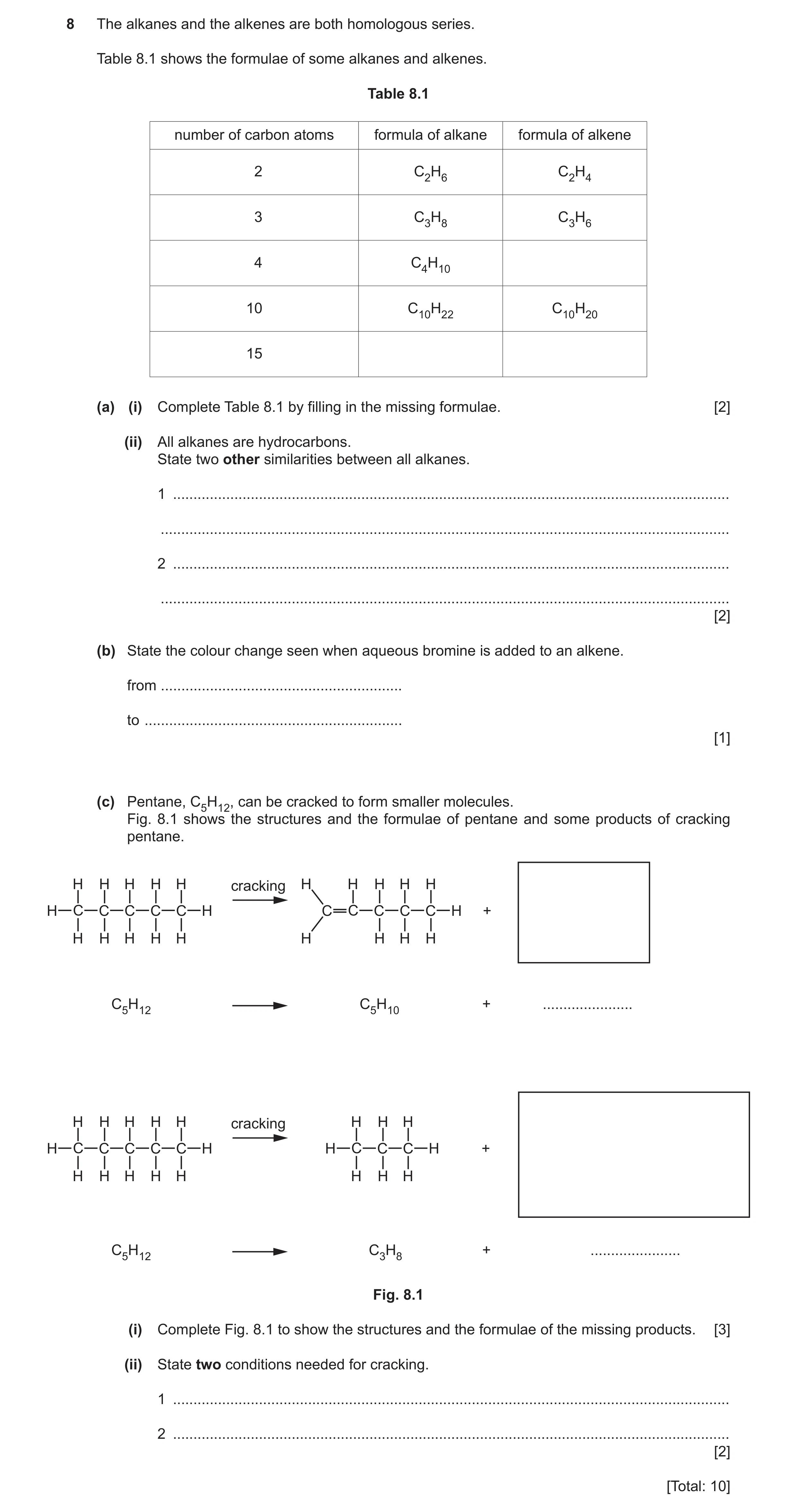 Question 11: The alkanes and the alkenes are both homologous series. Table 8.1 shows the formulae of some alkanes and alkenes. Table 8.1 number of carbo…