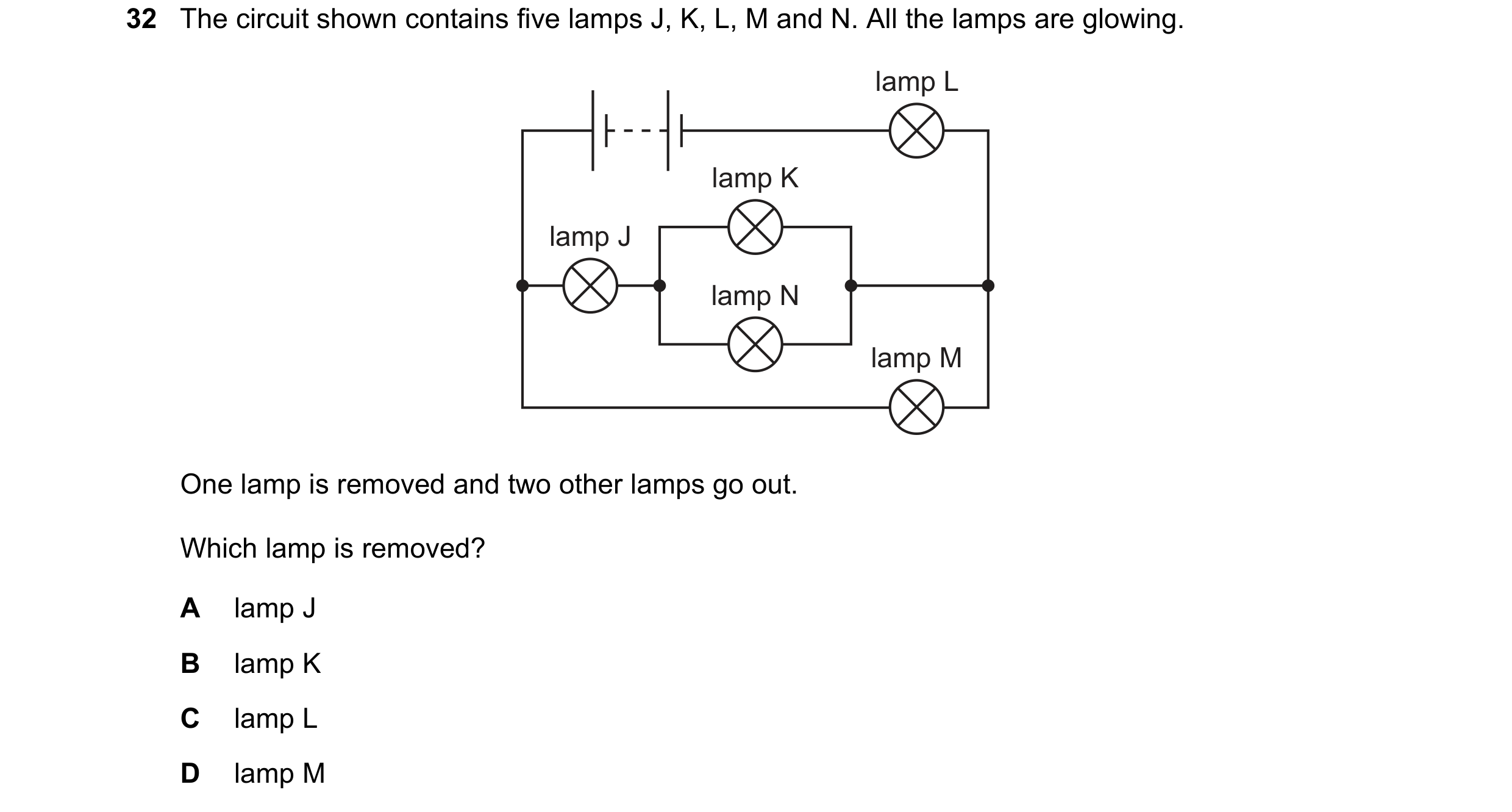 Question 23: The circuit shown contains five lamps J, K, L, M and N. All the lamps are glowing. lamp L lamp K lamp J lamp N lamp M One lamp is removed a…