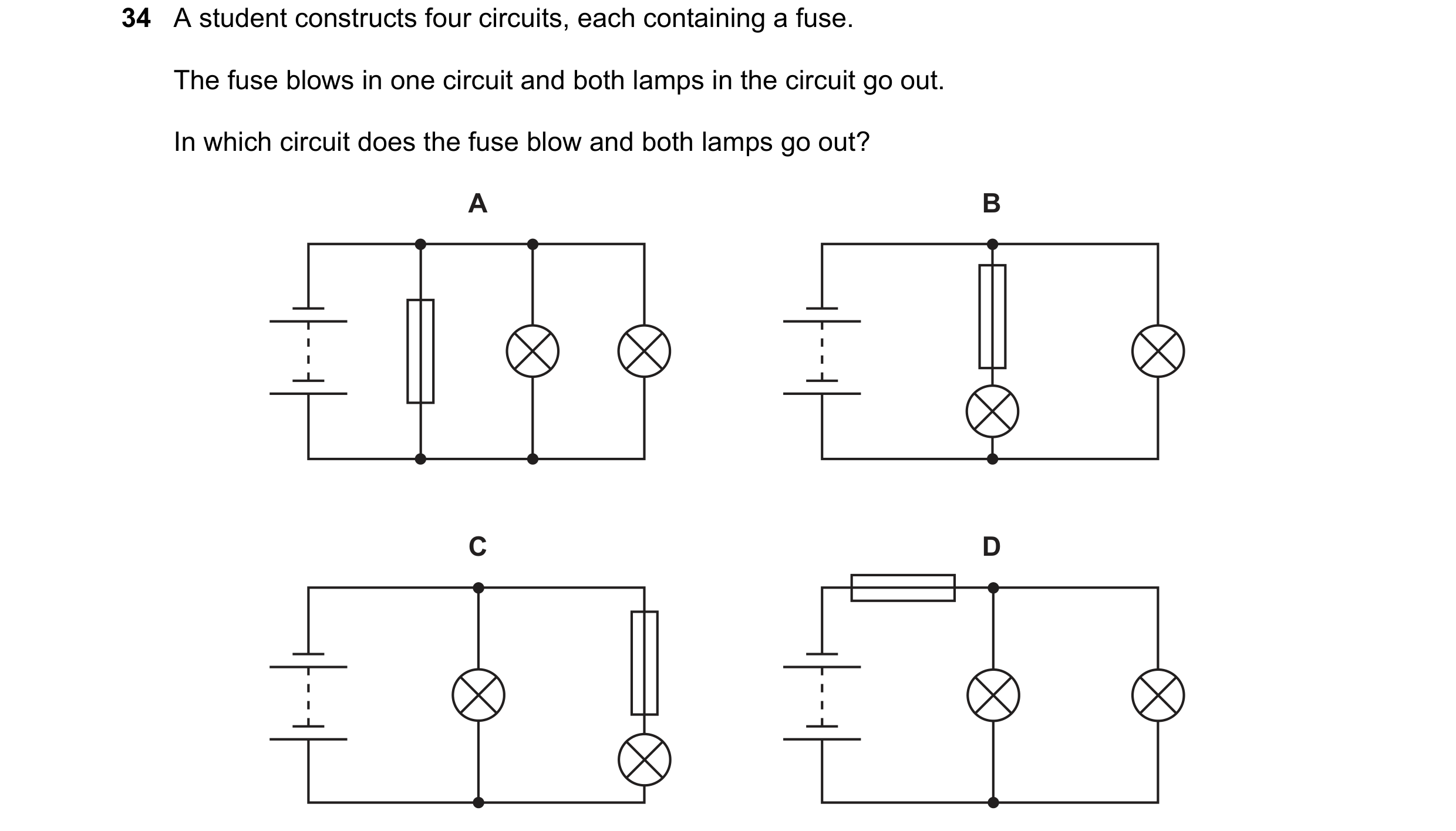 Question 6: A student constructs four circuits, each containing a fuse. The fuse blows in one circuit and both lamps in the circuit go out. In which ci…