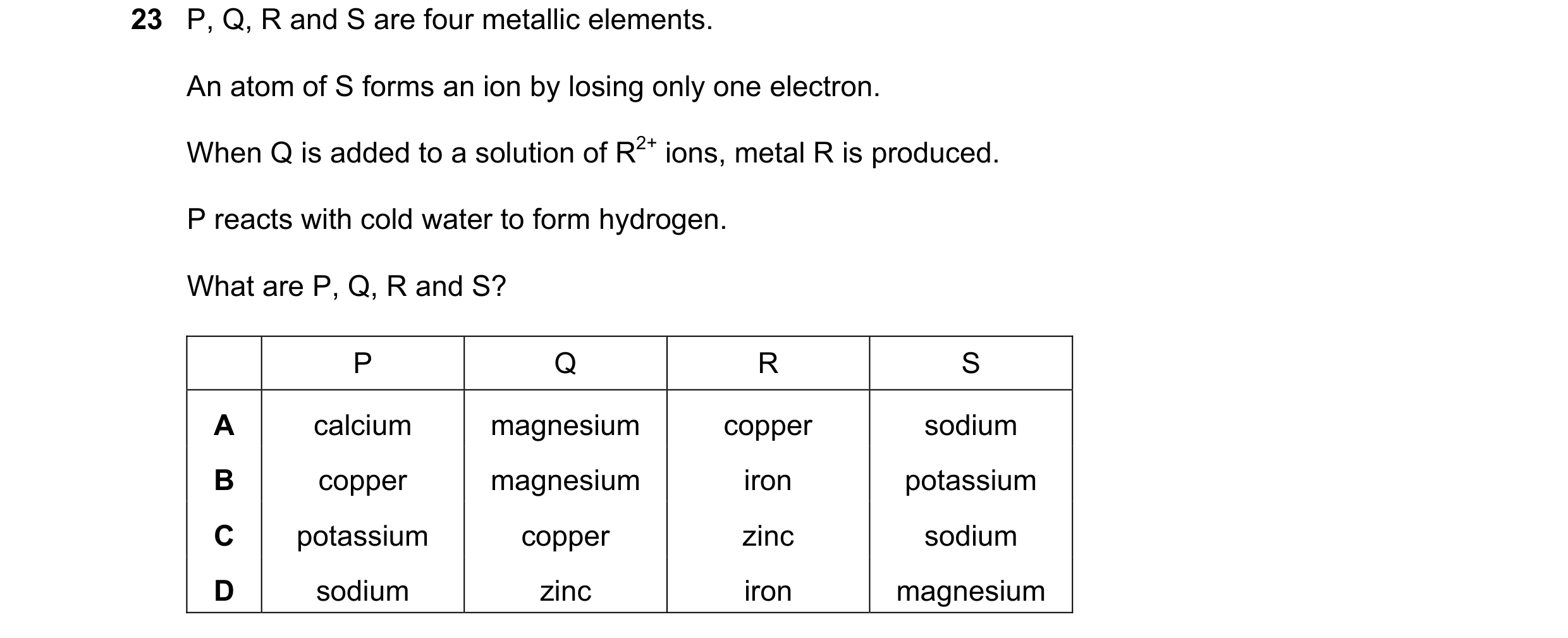 Question 9: P, Q, R and S are four metallic elements. An atom of S forms an ion by losing only one electron. When Q is added to a solution of R2+ ions,…