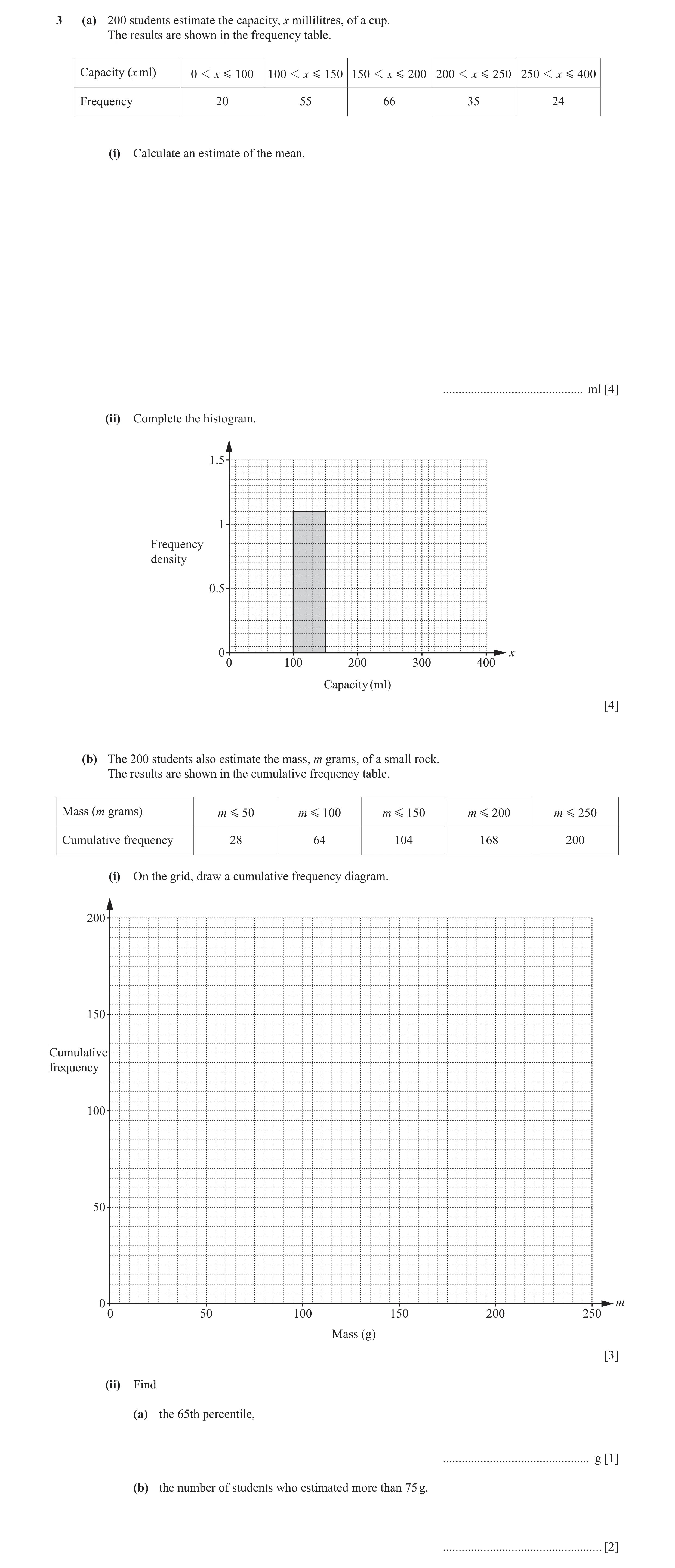 Question 3: (a) 200 students estimate the capacity, x millilitres, of a cup. The results are shown in the frequency table. Capacity (x ml) 0 1 x G 100 …