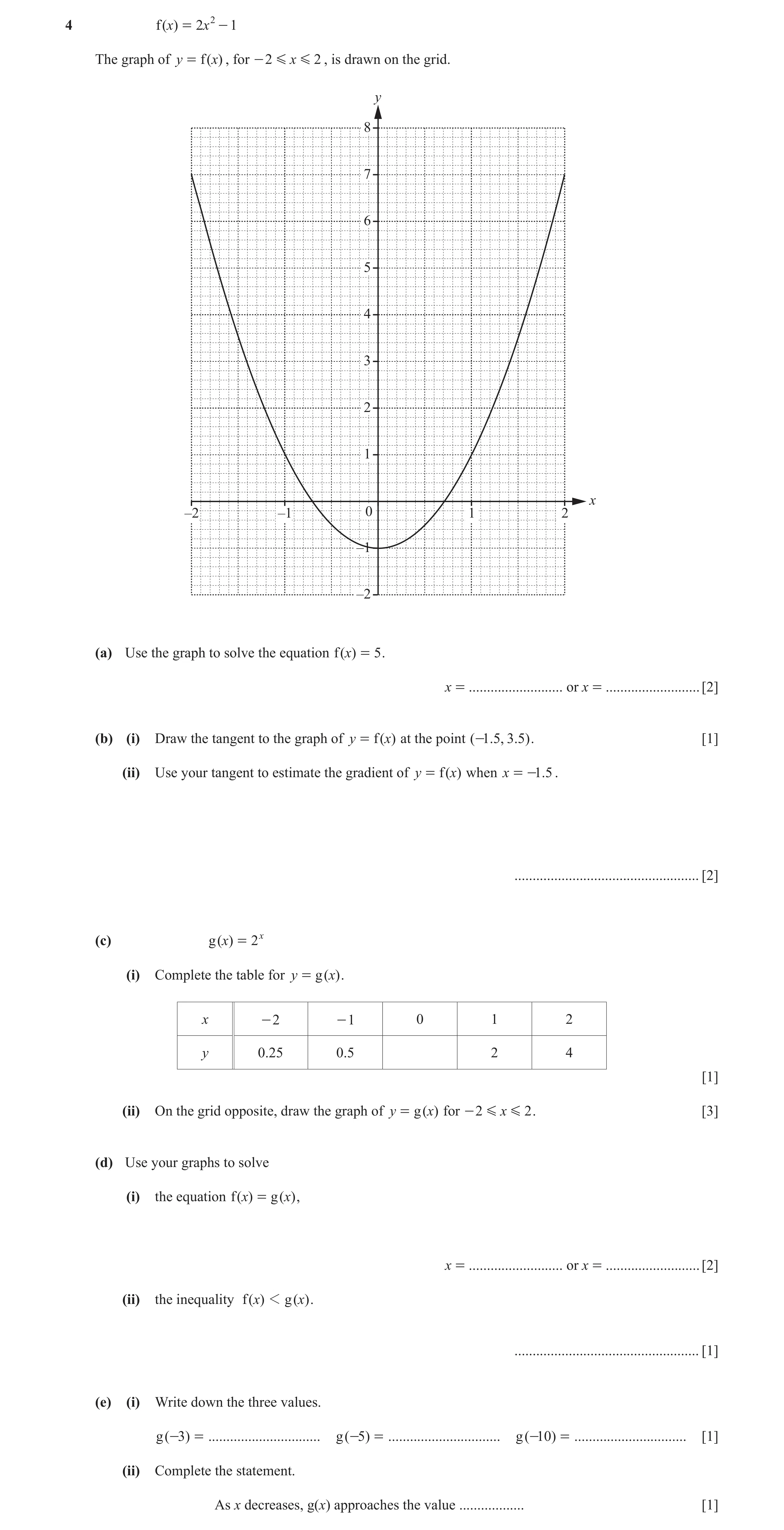 Question 3: f (x) = 2 x 2 - 1 The graph of y = f (x) , for - 2 G x G 2 , is drawn on the grid. y 8 7 6 5 4 3 2 1 x –2 –1 0 1 2 –1 –2 (a) Use the graph …
