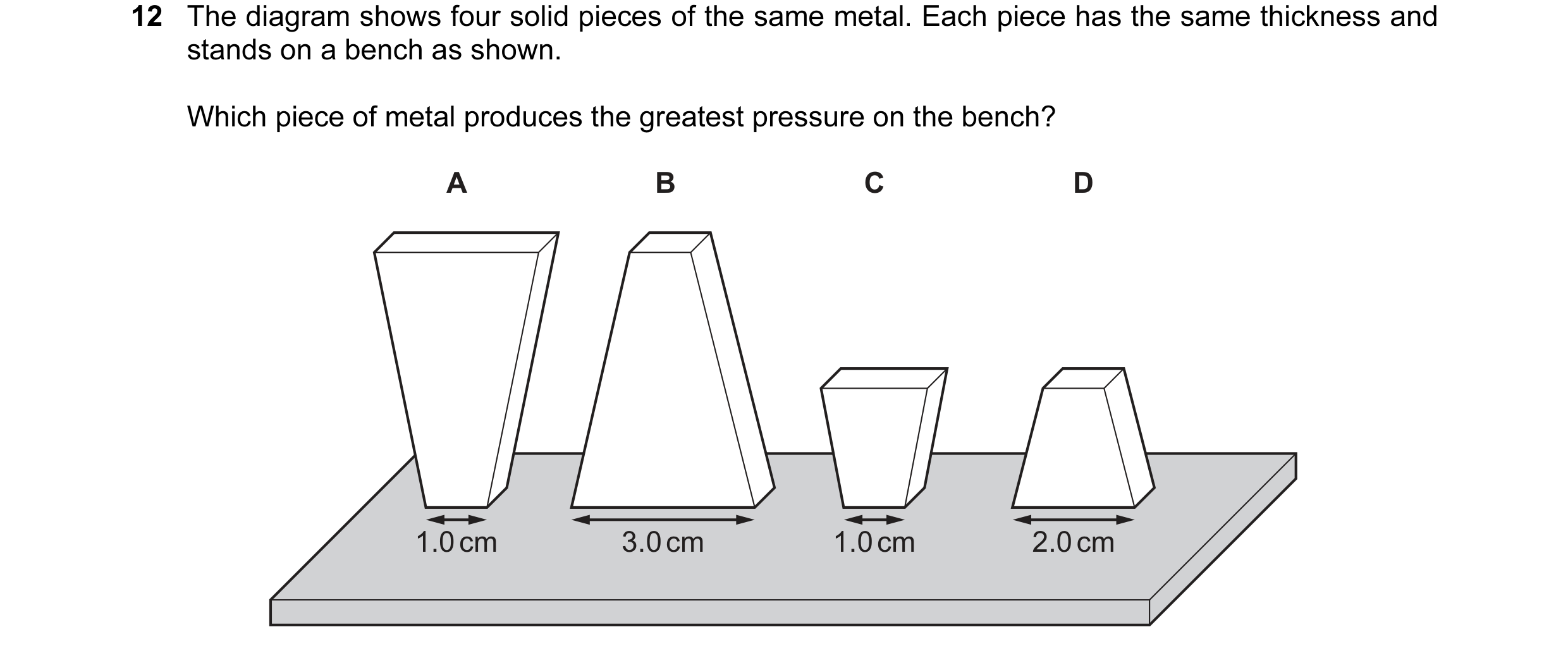 Question 110: The diagram shows four solid pieces of the same metal. Each piece has the same thickness and stands on a bench as shown. Which piece of met…
