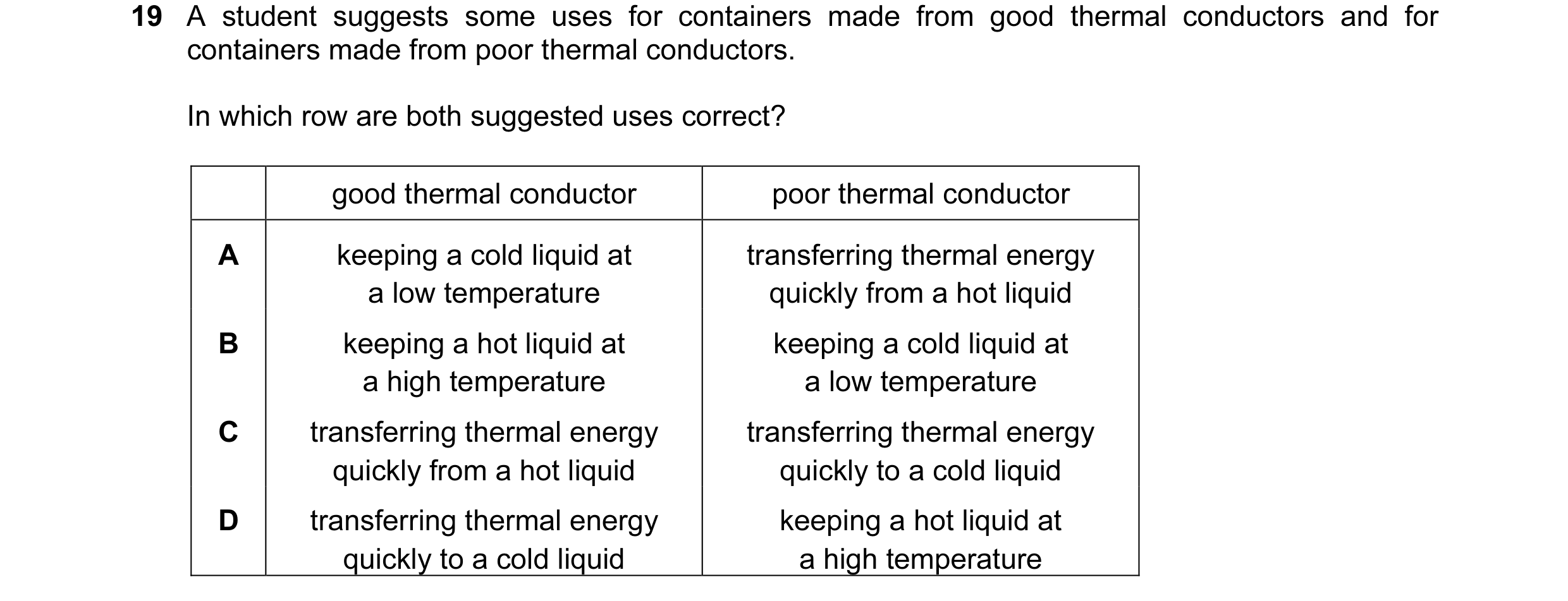 Question 91: A student suggests some uses for containers made from good thermal conductors and for containers made from poor thermal conductors. In whic…