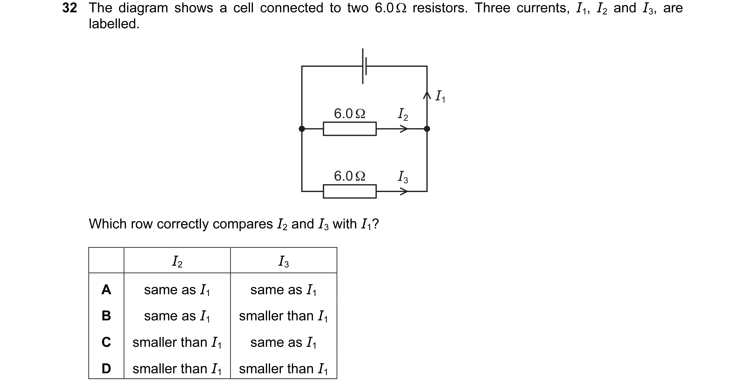 Question 206: The diagram shows a cell connected to two 6.0 Ω resistors. Three currents, I1, I2 and I3, are labelled. I1 6.0 Ω I2 6.0 Ω I3 Which row corr…
