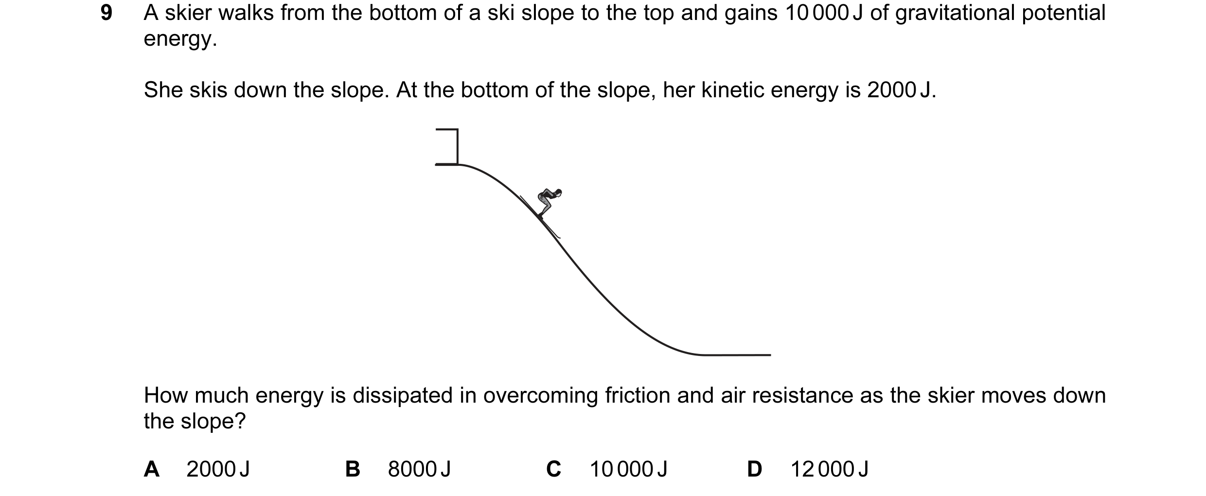 Question 109: A skier walks from the bottom of a ski slope to the top and gains 10 000 J of gravitational potential energy. She skis down the slope. At t…