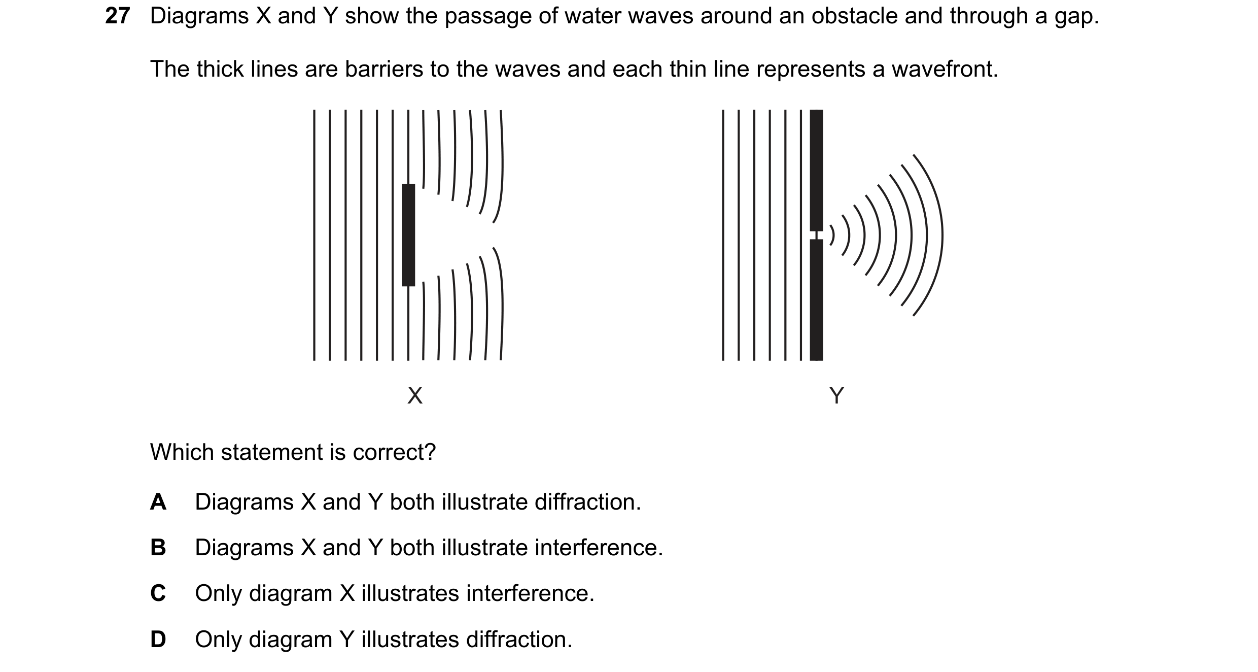 Question 24: Diagrams X and Y show the passage of water waves around an obstacle and through a gap. The thick lines are barriers to the waves and each t…