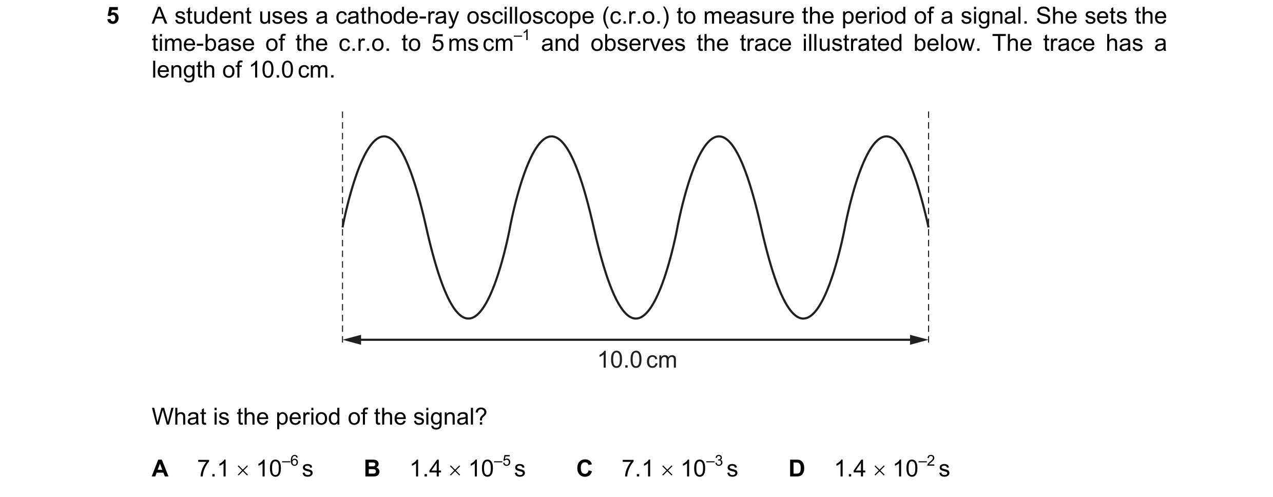 Question 50: A student uses a cathode-ray oscilloscope (c.r.o.) to measure the period of a signal. She sets the time-base of the c.r.o. to 5 ms cm–1 and…