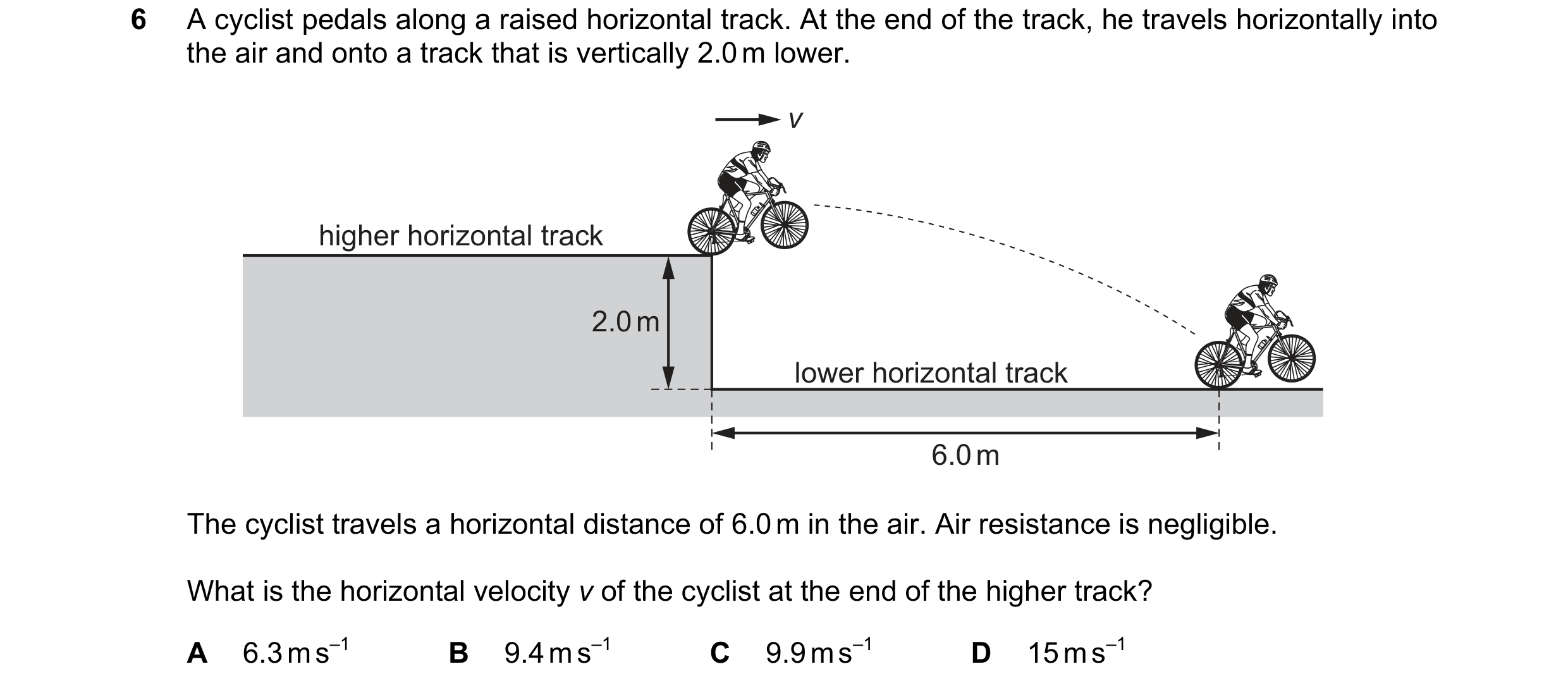 Question 115: A cyclist pedals along a raised horizontal track. At the end of the track, he travels horizontally into the air and onto a track that is ve…