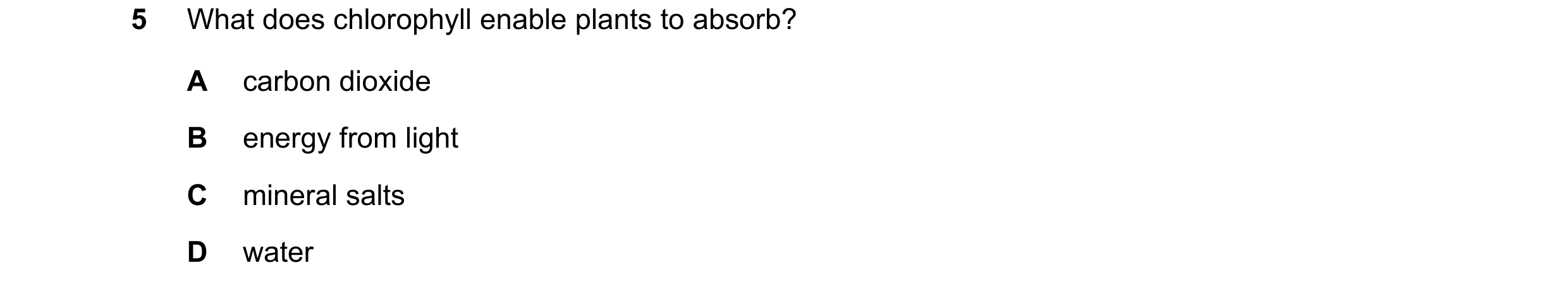 Question 6: What does chlorophyll enable plants to absorb? A carbon dioxide B energy from light C mineral salts D water