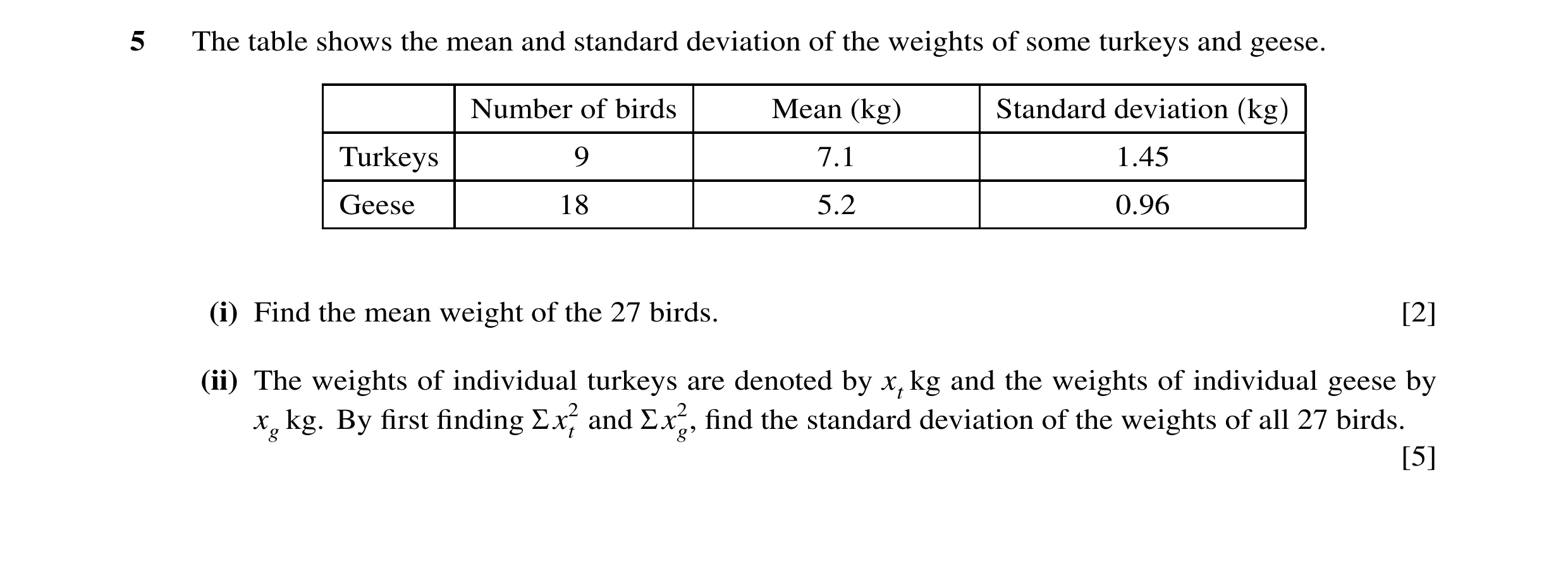Question 41: The table shows the mean and standard deviation of the weights of some turkeys and geese. Number of birds Mean (kg) Standard deviation kg T…