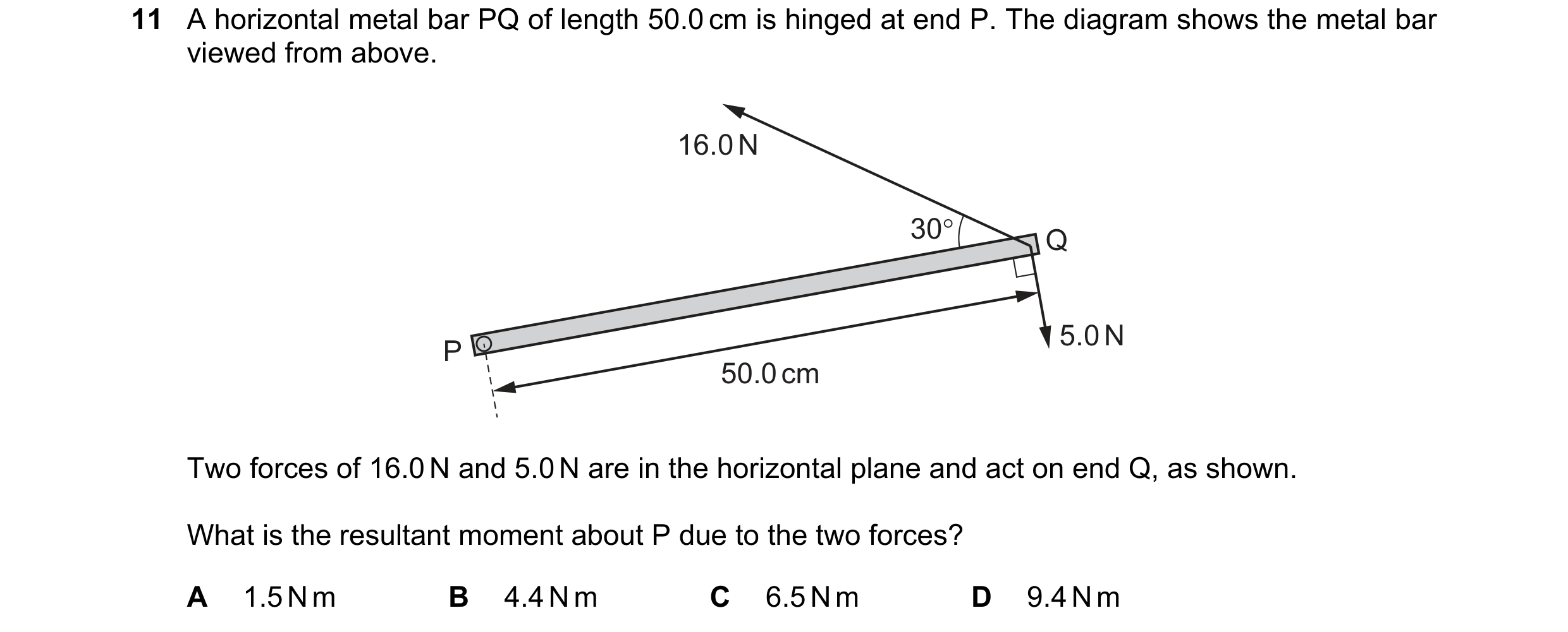 Question 109: A horizontal metal bar PQ of length 50.0 cm is hinged at end P. The diagram shows the metal bar viewed from above. 16.0 N 30° Q 5.0 N P 50.…