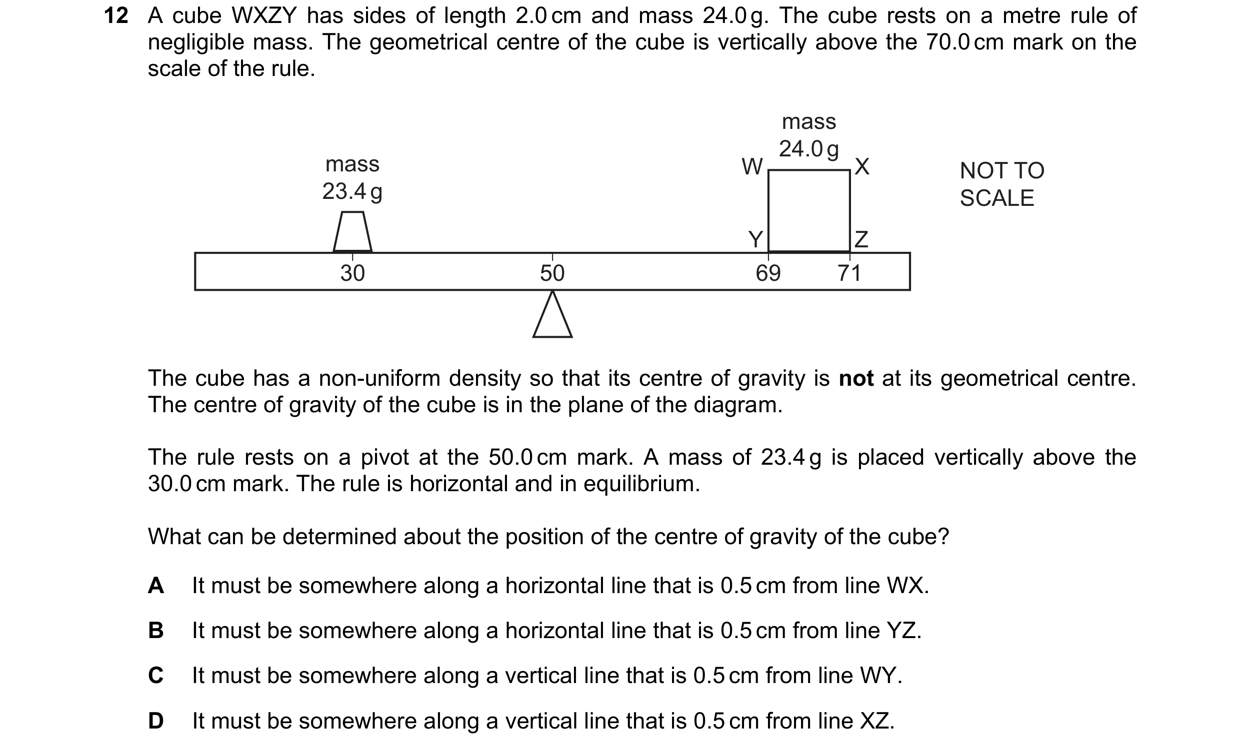 Question 123: A cube WXZY has sides of length 2.0 cm and mass 24.0 g. The cube rests on a metre rule of negligible mass. The geometrical centre of the cu…