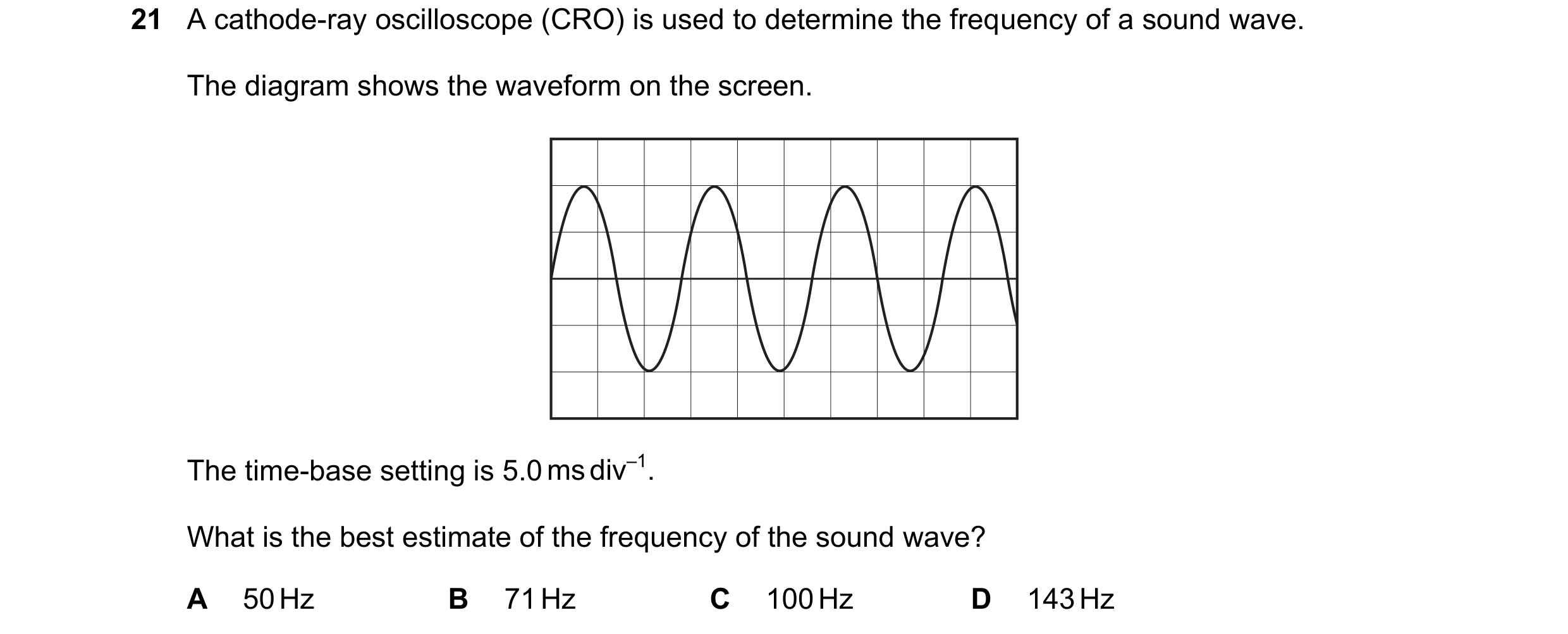 Question 142: A cathode-ray oscilloscope (CRO) is used to determine the frequency of a sound wave. The diagram shows the waveform on the screen. The time…