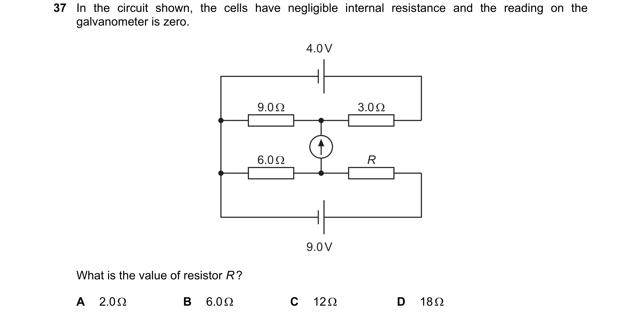 Question 98: In the circuit shown, the cells have negligible internal resistance and the reading on the
galvanometer is zero.

4.0V

9.0V

What is the v…