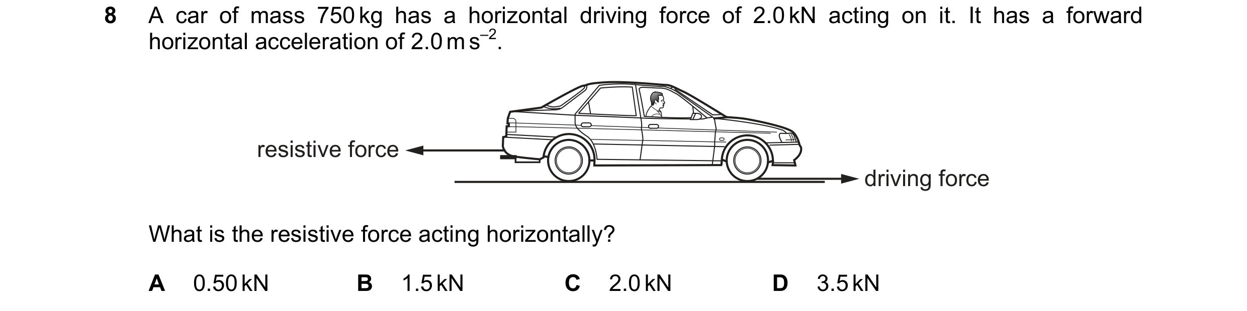 Question 127: A car of mass 750 kg has a horizontal driving force of 2.0 kN acting on it. It has a forward horizontal acceleration of 2.0 m s–2. resistiv…