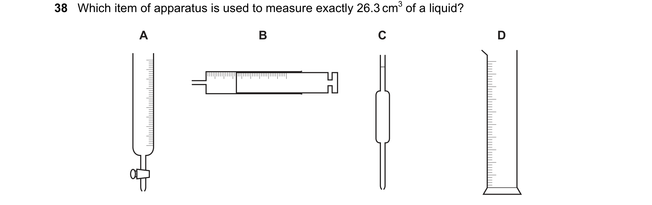 Question 12: Which item of apparatus is used to measure exactly 26.3 cm3 of a liquid? A B C D