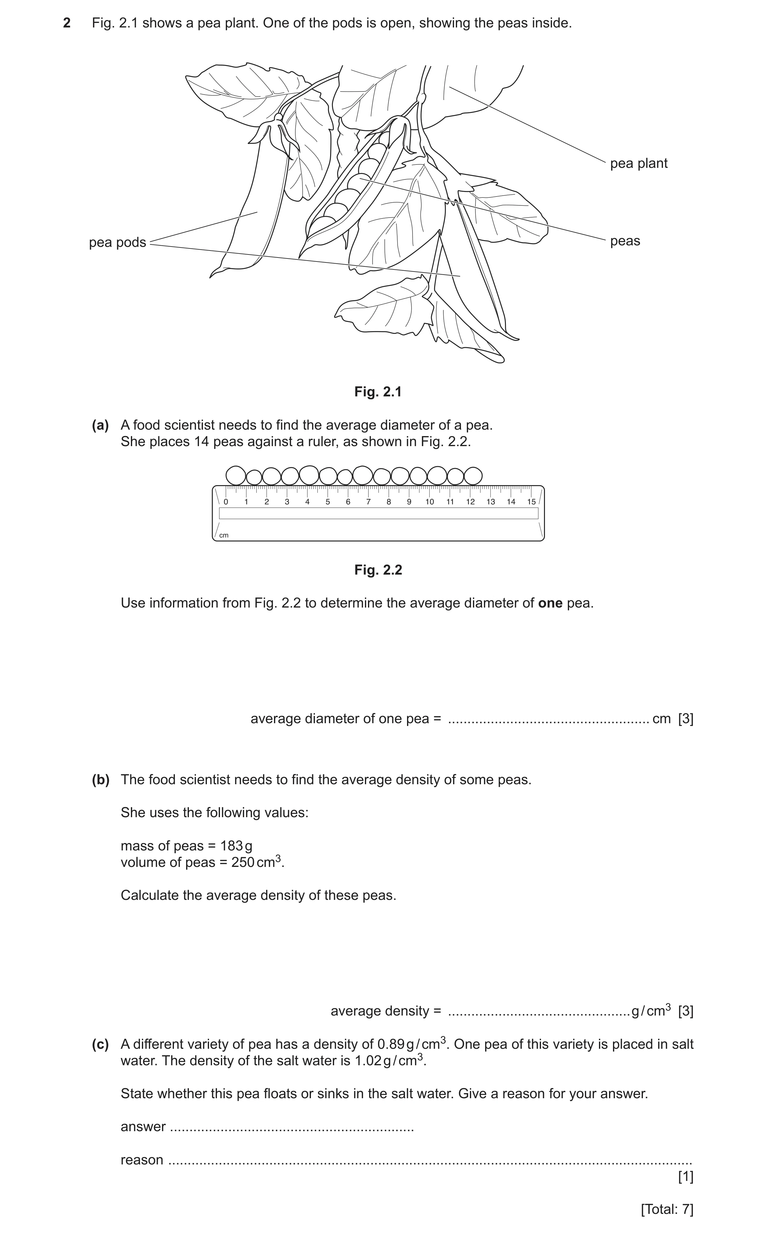 Question 21: Fig. 2.1 shows a pea plant. One of the pods is open, showing the peas inside. pea plant pea pods peas Fig. 2.1 (a) A food scientist needs t…