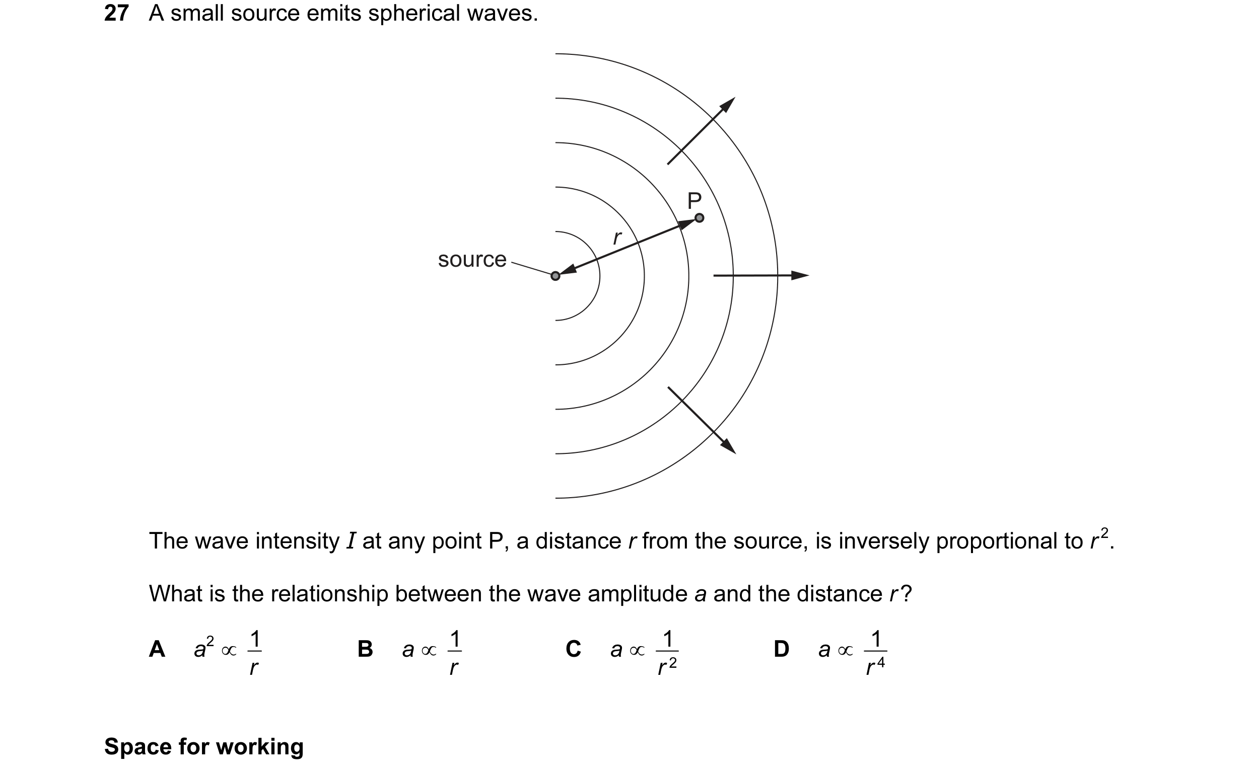 Question 49: A small source emits spherical waves. P r source The wave intensity I at any point P, a distance r from the source, is inversely proportion…