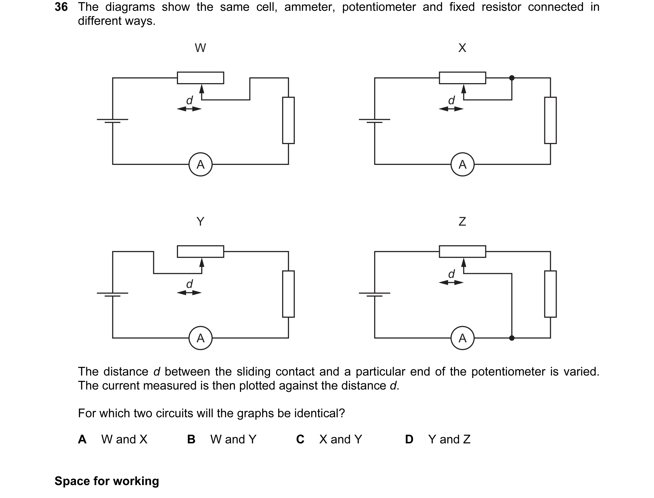 Question 45: The diagrams show the same cell, ammeter, potentiometer and fixed resistor connected in different ways. W X d d A A Y Z d d A A The distanc…