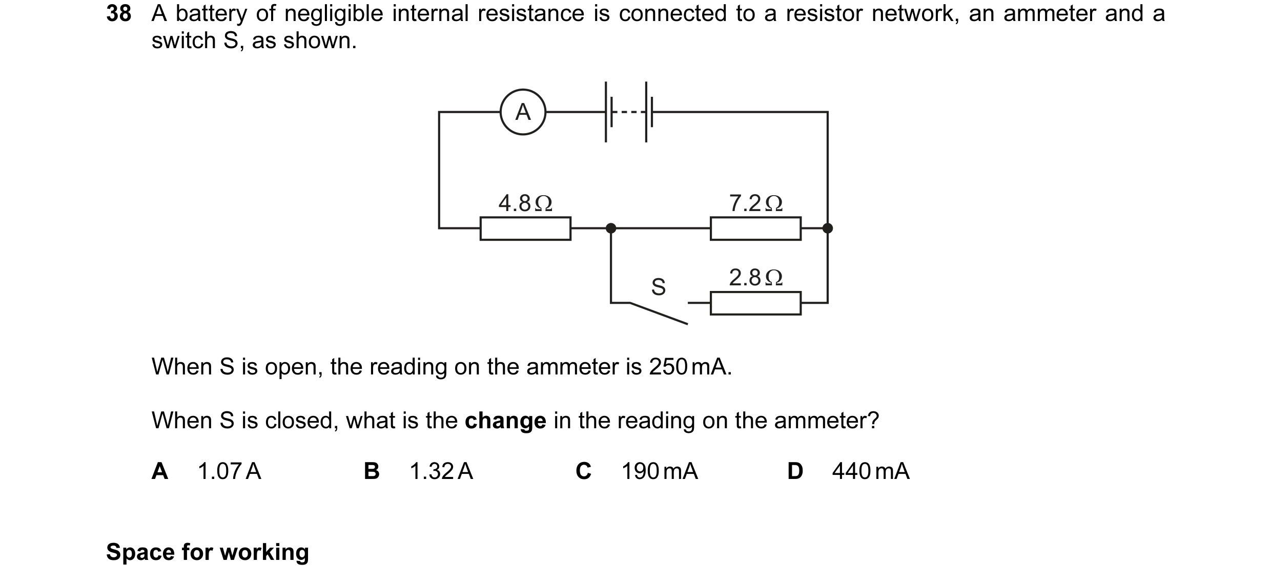 Question 77: A battery of negligible internal resistance is connected to a resistor network, an ammeter and a switch S, as shown. A 4.8 Ω 7.2 Ω S 2.8 Ω …