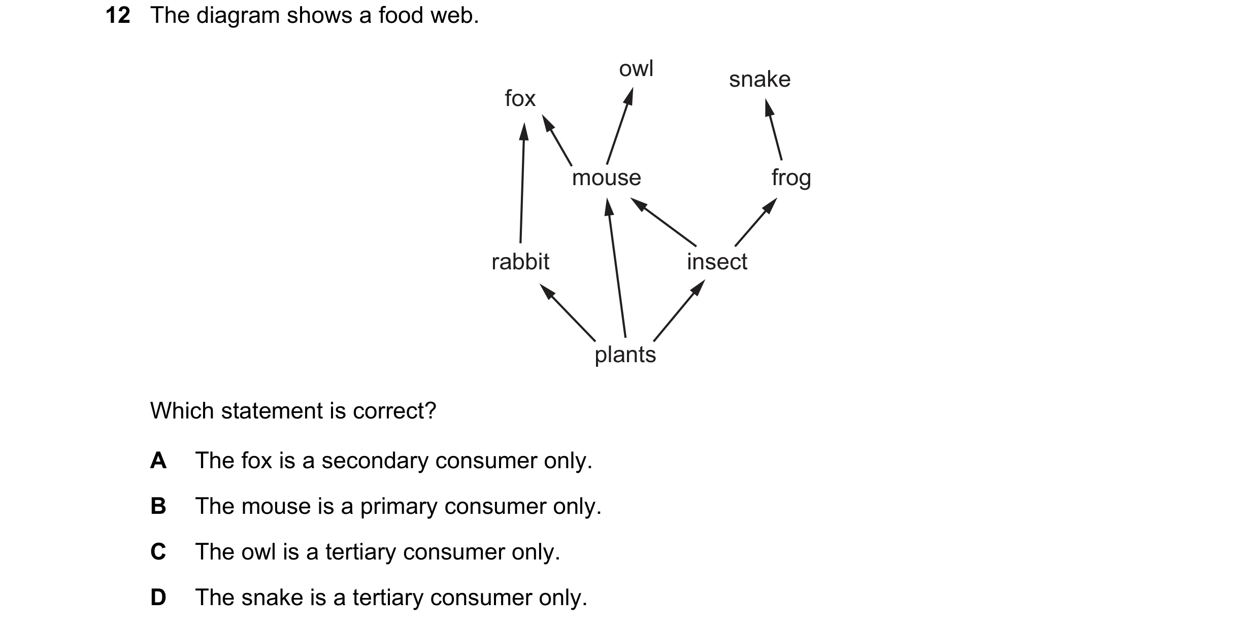 Question 9: The diagram shows a food web. owl snake fox mouse frog rabbit insect plants Which statement is correct? A The fox is a secondary consumer o…