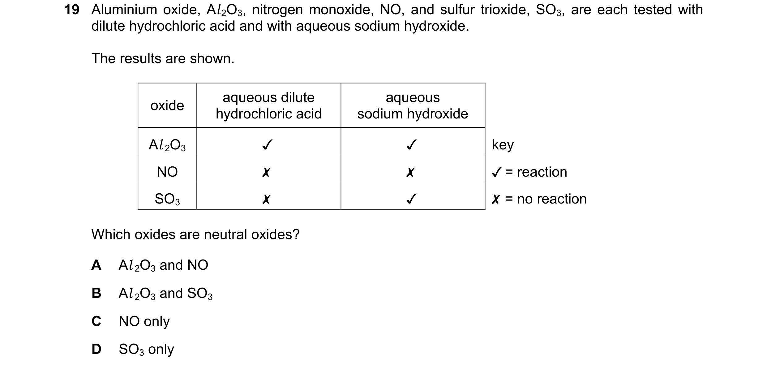 Question 11: Aluminium oxide, Al,O3, nitrogen monoxide, NO, and sulfur trioxide, SO3, are each tested with
dilute hydrochloric acid and with aqueous sod…