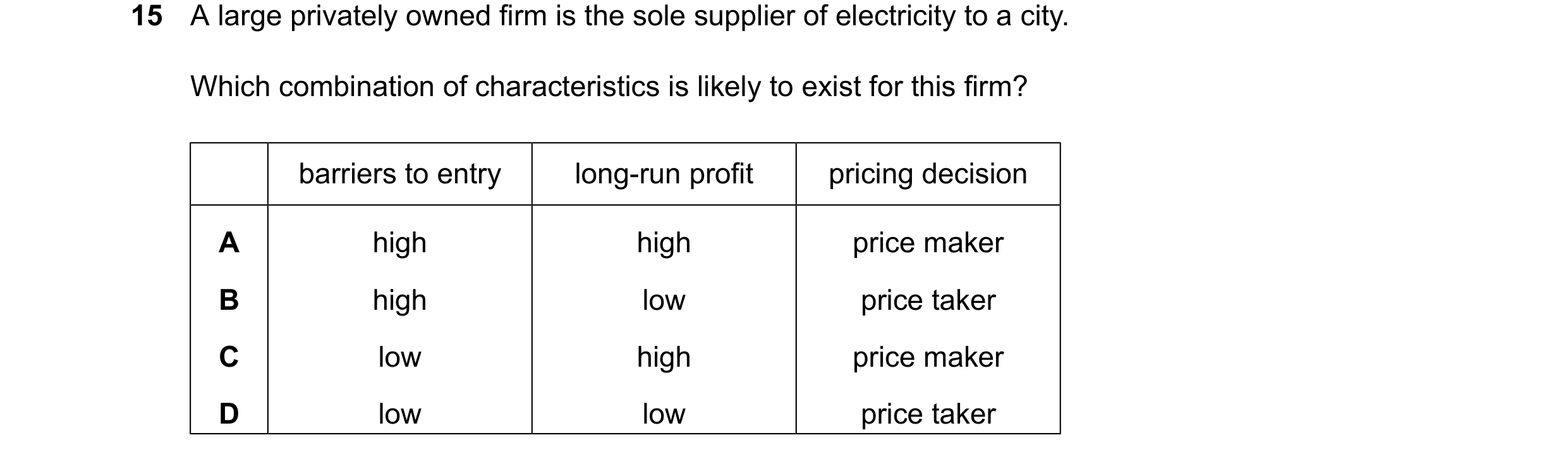 Question 73: A large privately owned firm is the sole supplier of electricity to a city. Which combination of characteristics is likely to exist for thi…