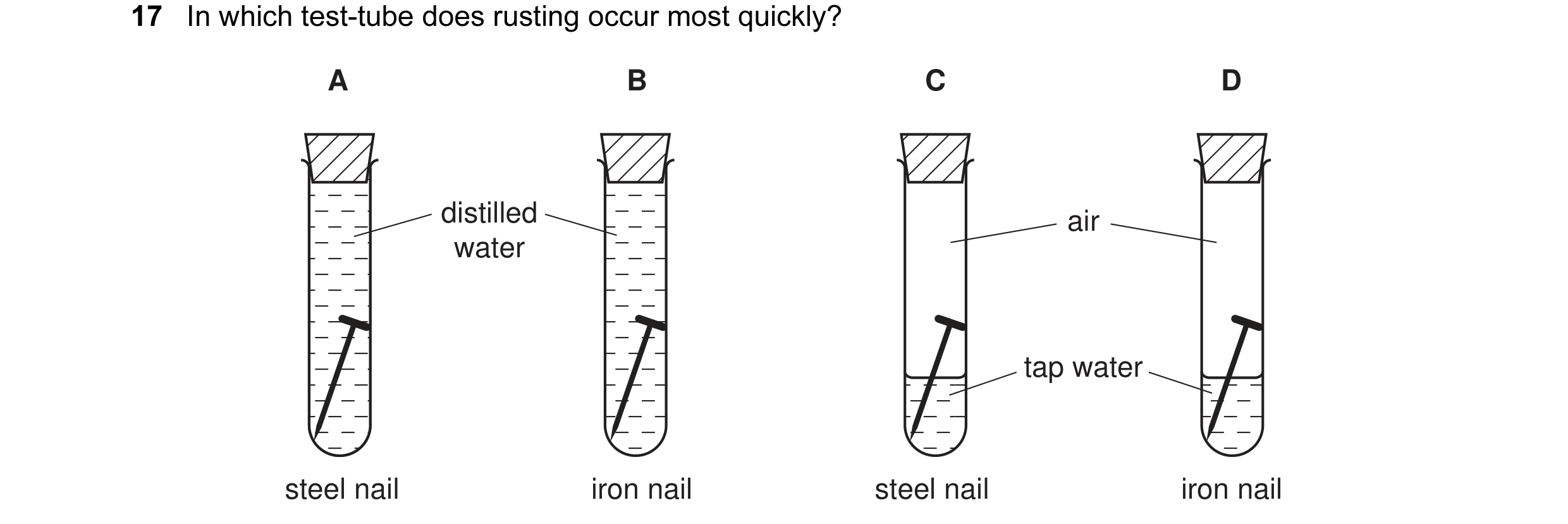 Question 7: In which test-tube does rusting occur most quickly? A B C D distilled air water tap water steel nail iron nail steel nail iron nail