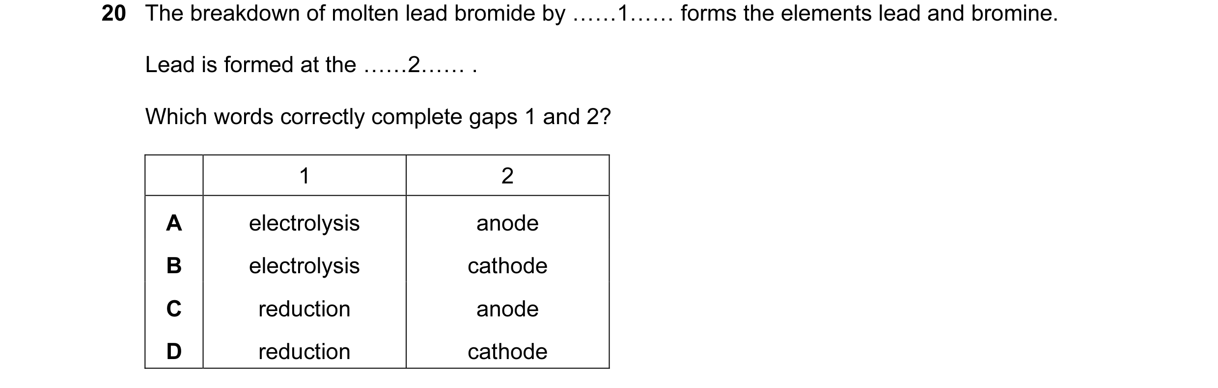 Question 31: The breakdown of molten lead bromide by ……1…… forms the elements lead and bromine. Lead is formed at the ……2…… . Which words correctly comp…