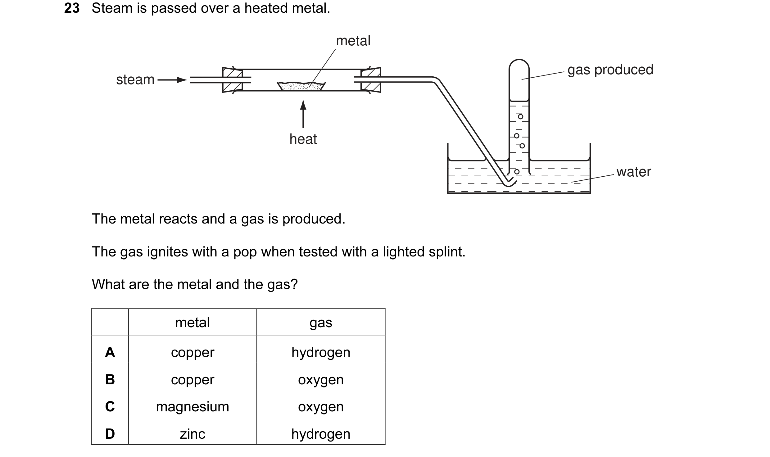 Question 26: Steam is passed over a heated metal. metal gas produced steam heat water The metal reacts and a gas is produced. The gas ignites with a pop…