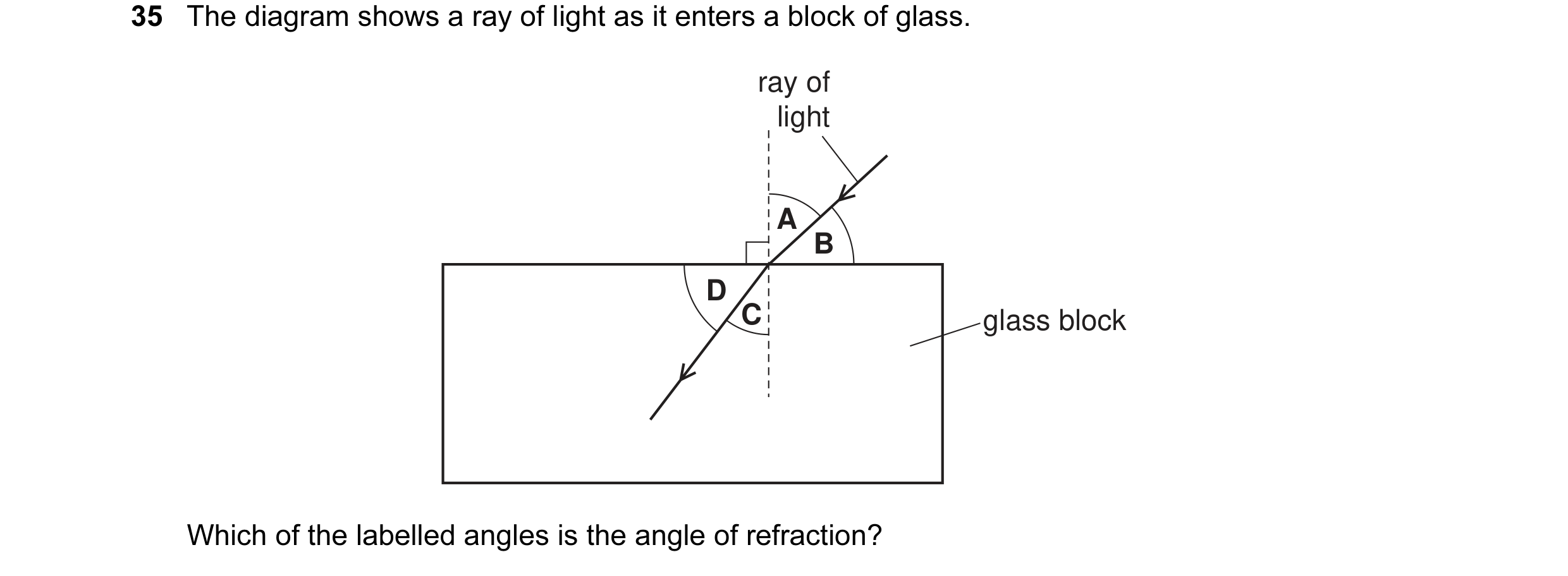 Question 31: The diagram shows a ray of light as it enters a block of glass. ray of light A B D C glass block Which of the labelled angles is the angle …