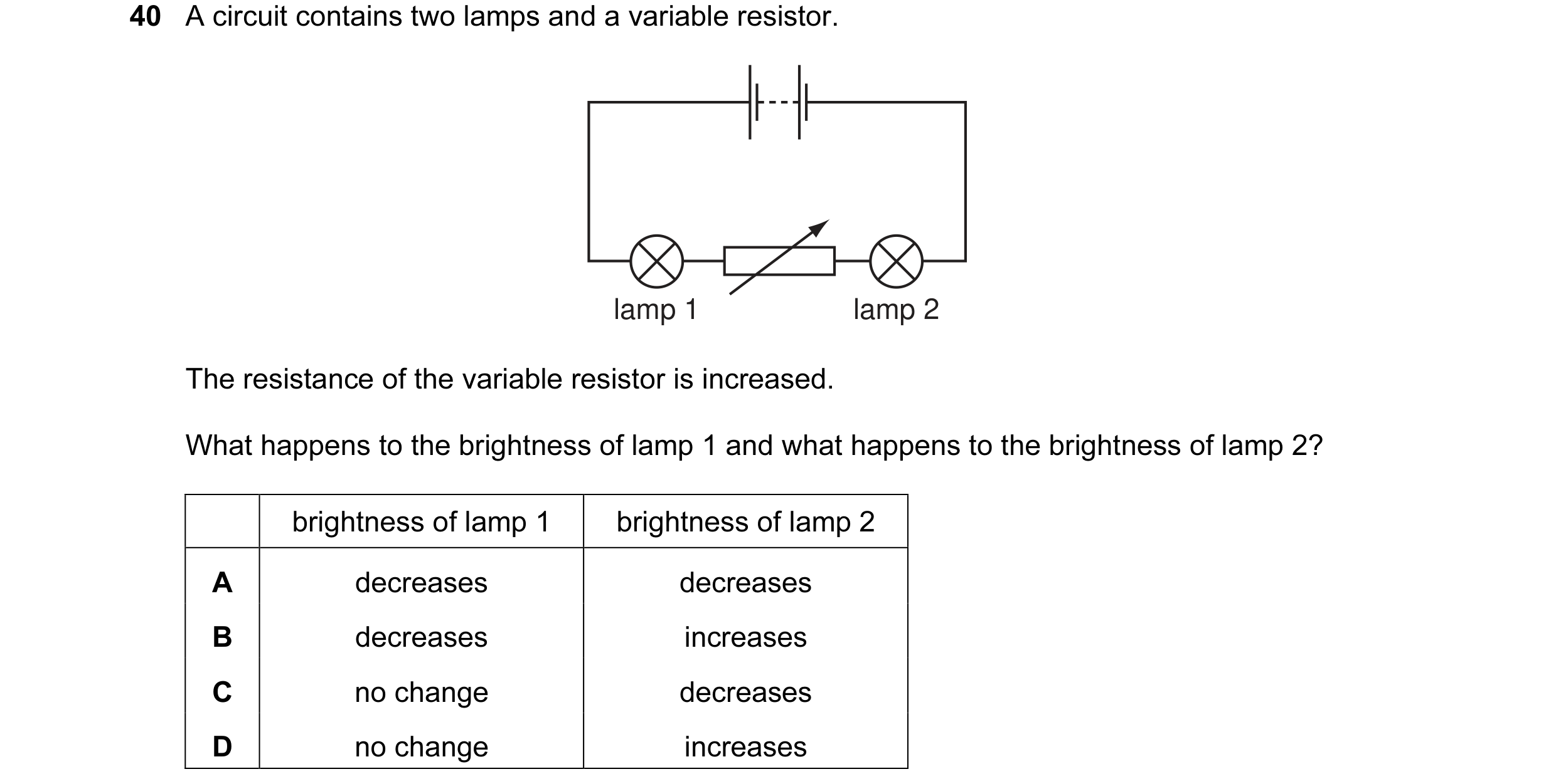 Question 56: A circuit contains two lamps and a variable resistor. lamp 1 lamp 2 The resistance of the variable resistor is increased. What happens to t…