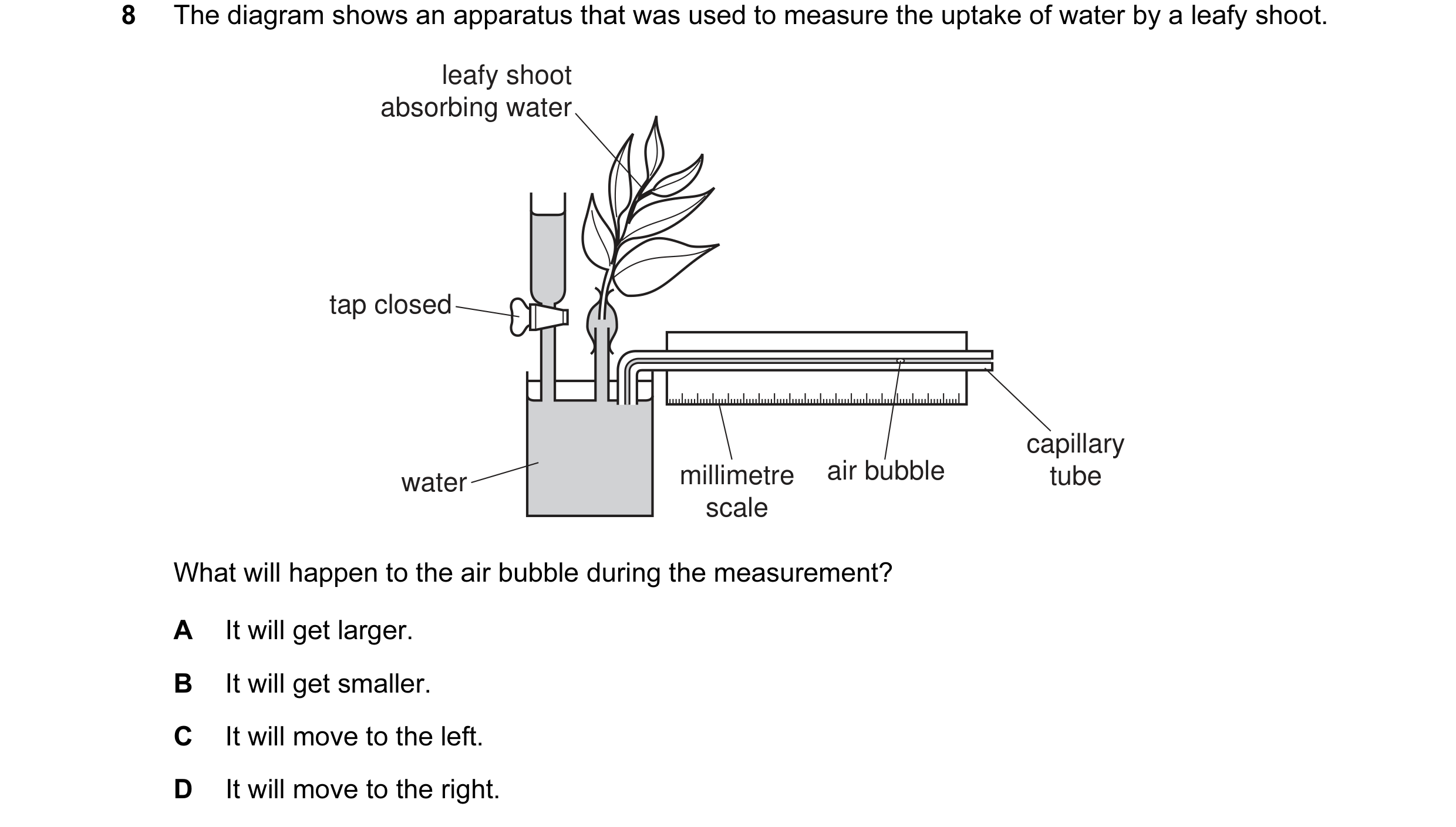 Question 6: The diagram shows an apparatus that was used to measure the uptake of water by a leafy shoot. leafy shoot absorbing water tap closed capill…