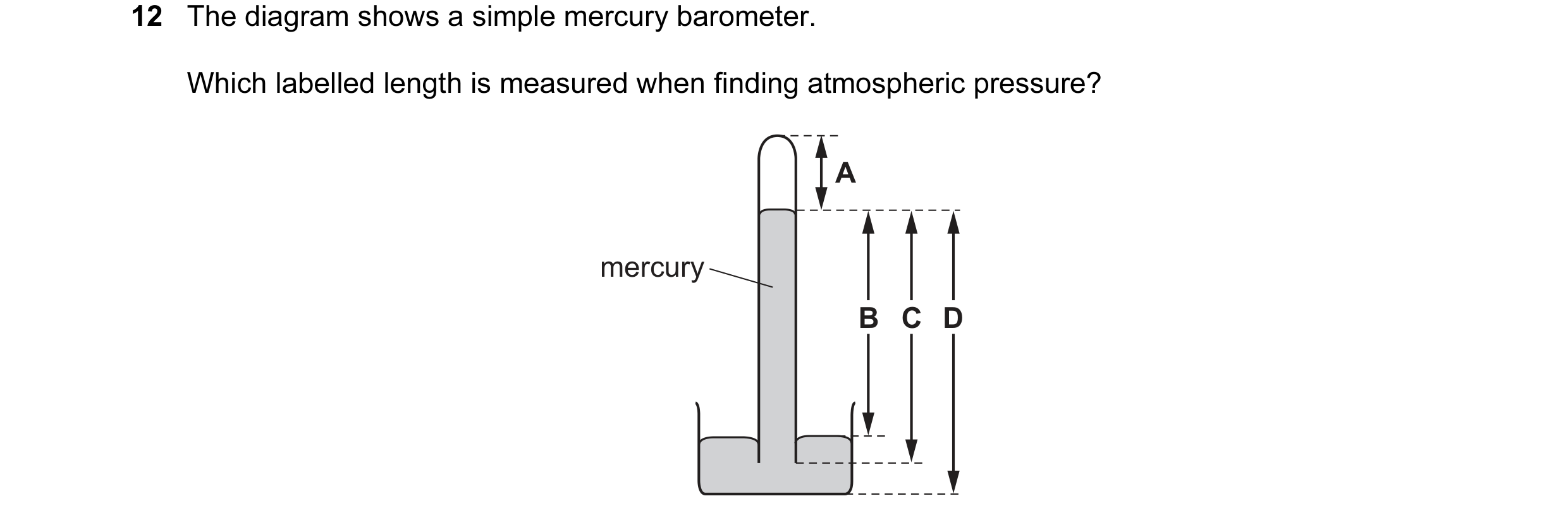 Question 101: The diagram shows a simple mercury barometer. Which labelled length is measured when finding atmospheric pressure? A mercury B C D