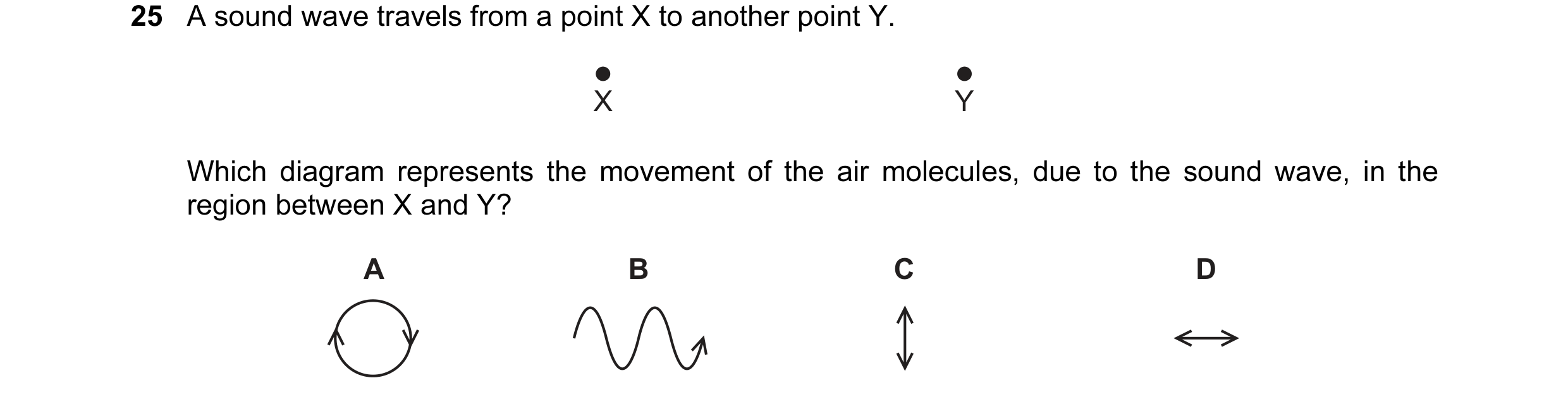 Question 99: A sound wave travels from a point X to another point Y. X Y Which diagram represents the movement of the air molecules, due to the sound wa…