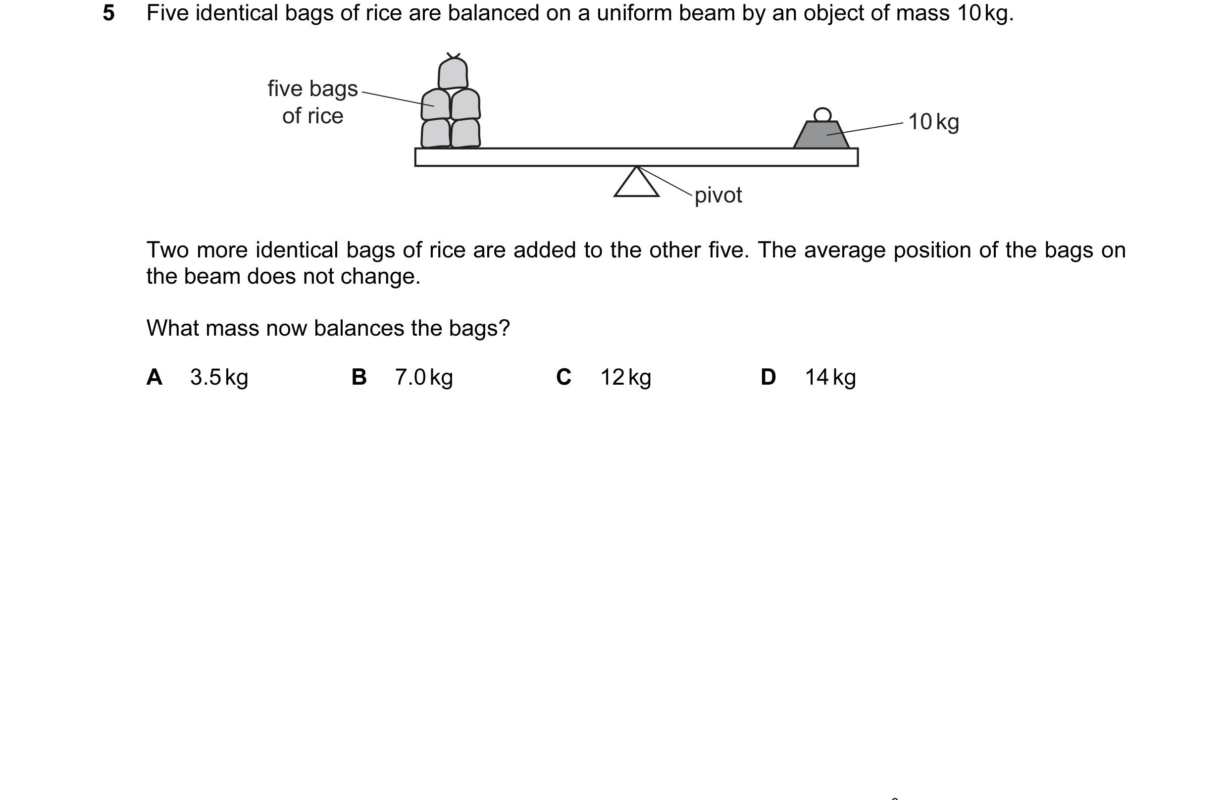 Question 123: Five identical bags of rice are balanced on a uniform beam by an object of mass 10 kg. five bags of rice 10 kg pivot Two more identical bag…