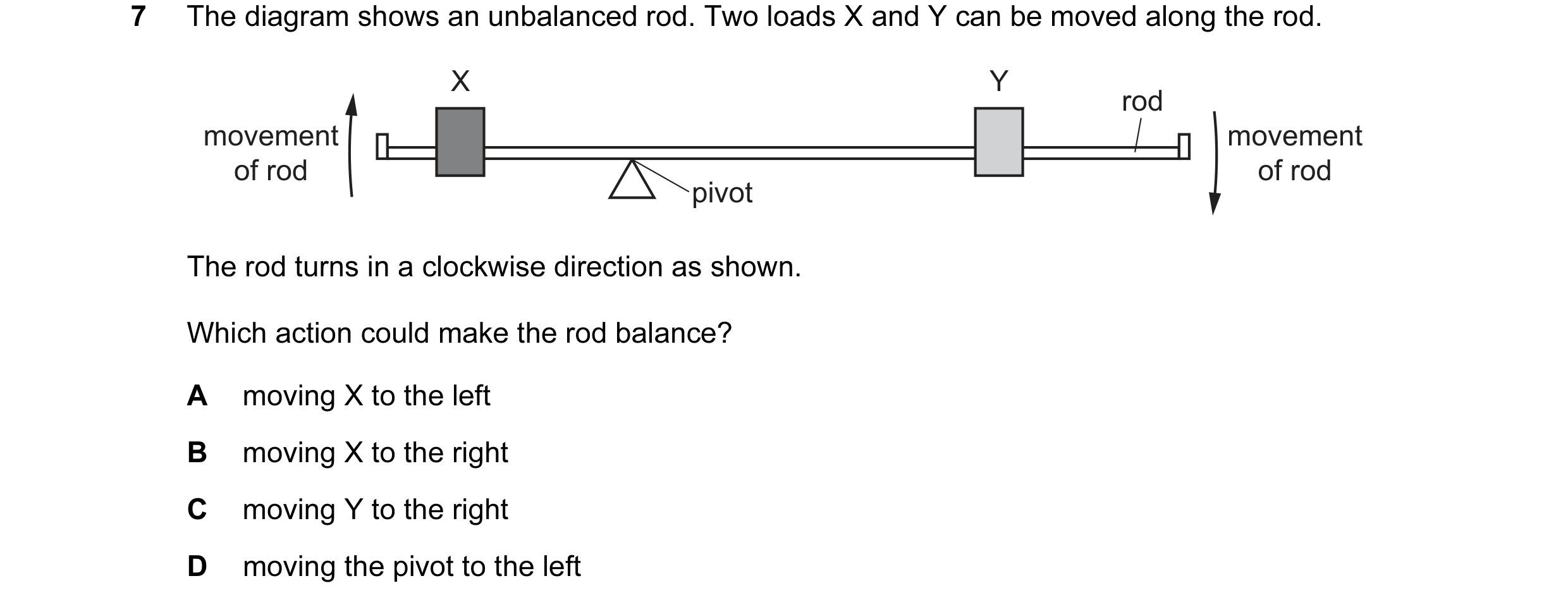 Question 124: The diagram shows an unbalanced rod. Two loads X and Y can be moved along the rod. X Y rod movement movement of rod of rod pivot The rod tu…
