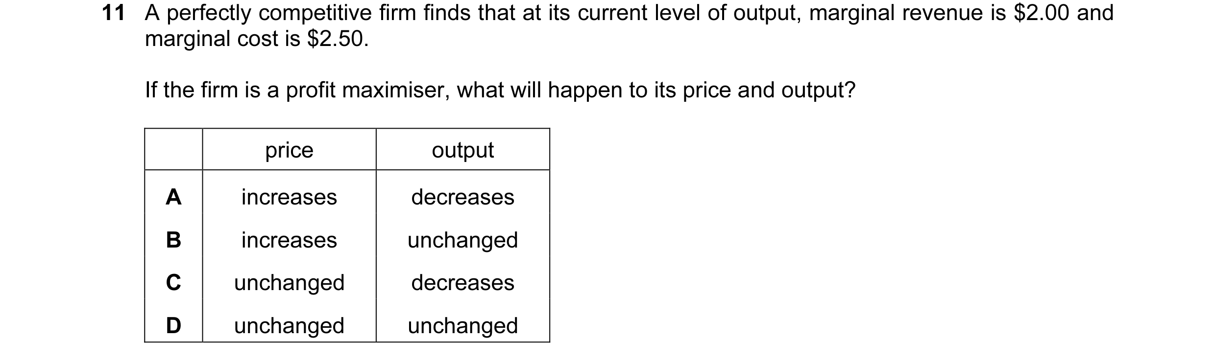 Question 24: A perfectly competitive firm finds that at its current level of output, marginal revenue is $2.00 and marginal cost is $2.50. If the firm i…