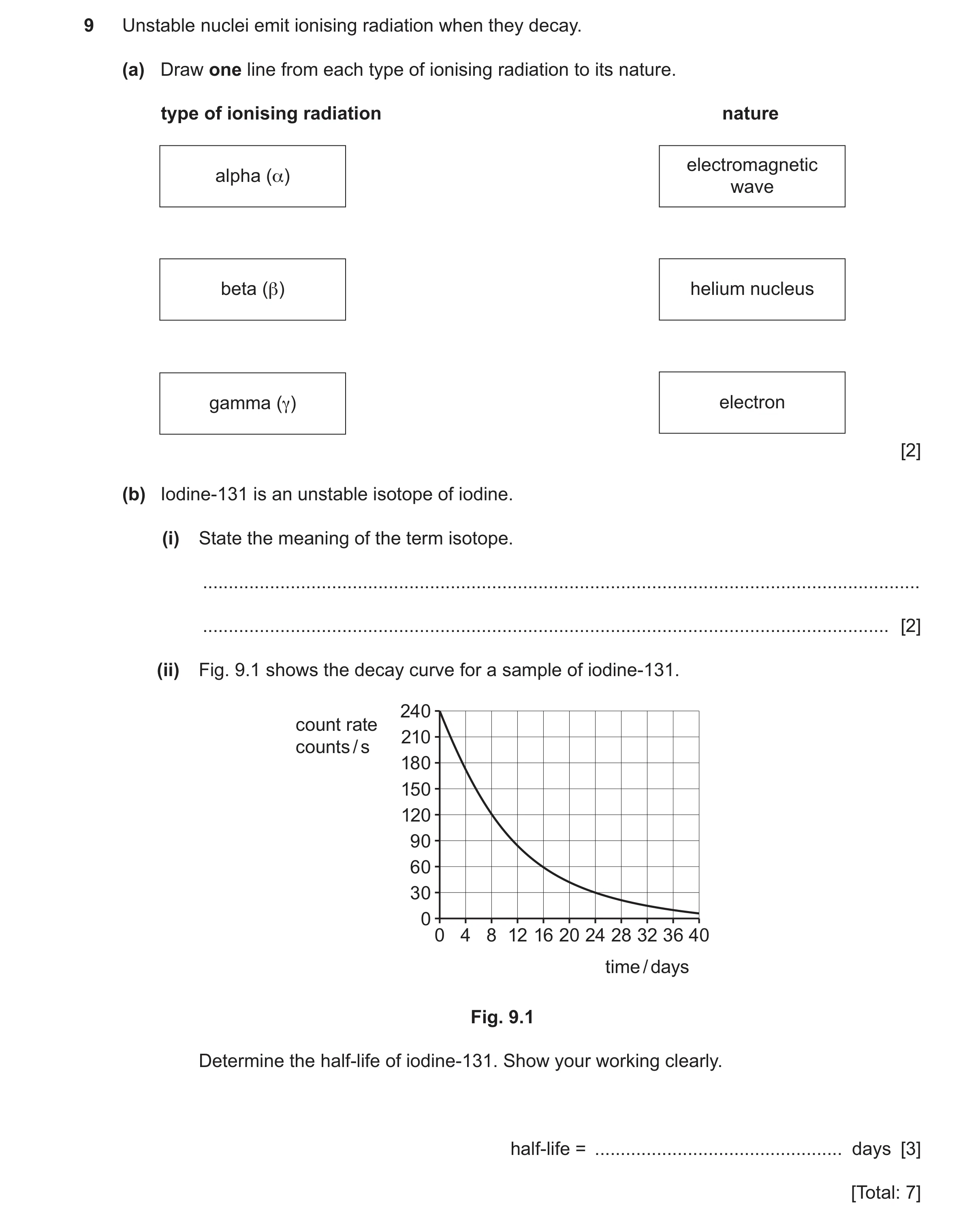 Question 72: Unstable nuclei emit ionising radiation when they decay. (a) Draw one line from each type of ionising radiation to its nature. type of ioni…