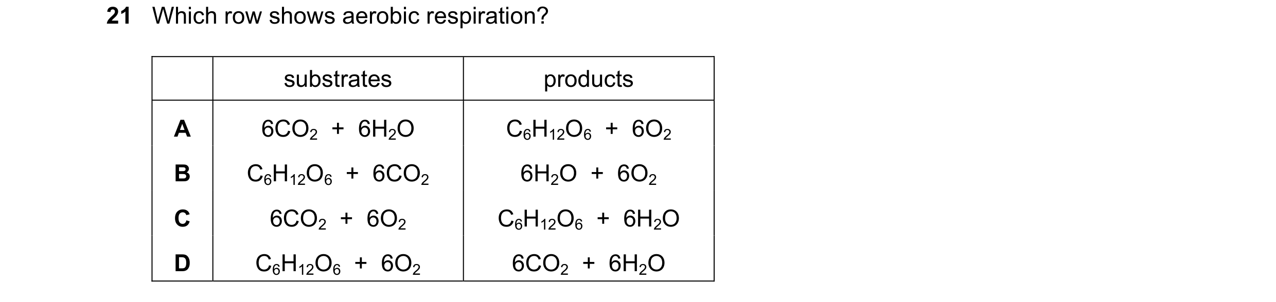 Question 21: Which row shows aerobic respiration? substrates products A 6CO2  +  6H2O C6H12O6  +  6O2 B C6H12O6  +  6CO2 6H2O  +  6O2 C 6CO2  +  6O2 C6H…