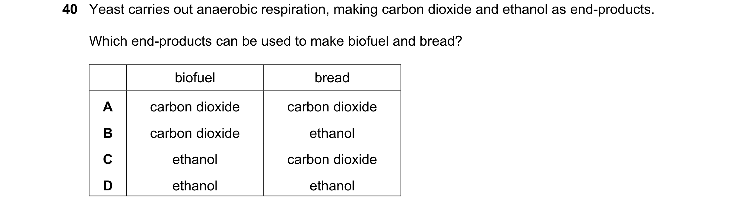 Question 8: Yeast carries out anaerobic respiration, making carbon dioxide and ethanol as end-products. Which end-products can be used to make biofuel …
