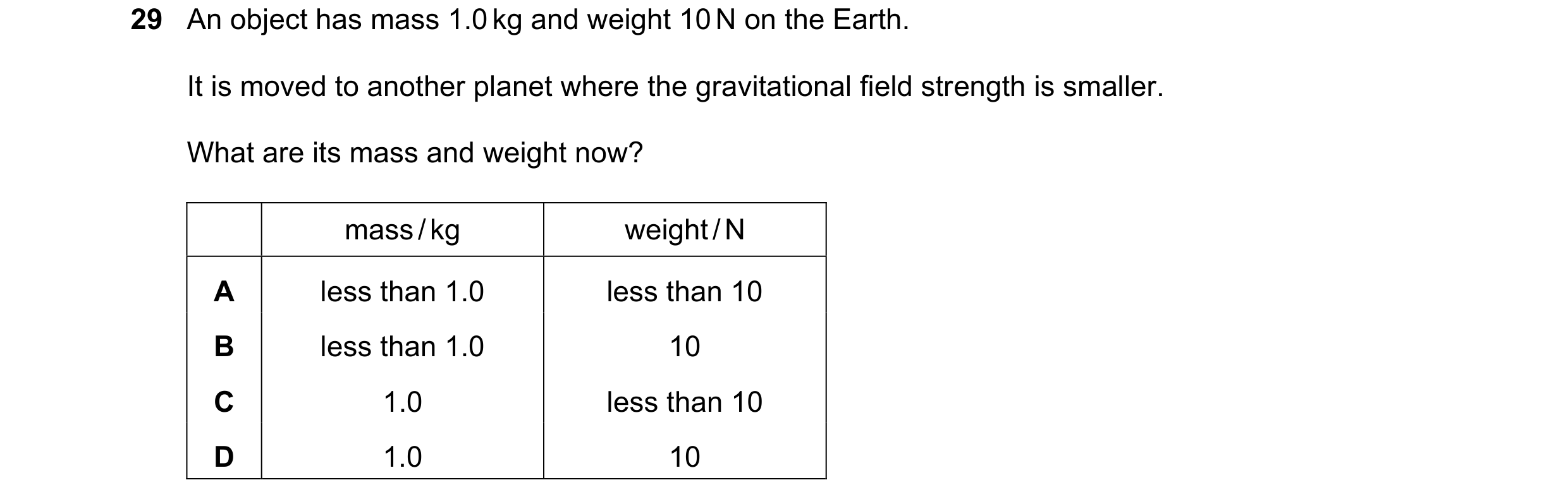Question 13: An object has mass 1.0 kg and weight 10 N on the Earth. It is moved to another planet where the gravitational field strength is smaller. Wh…